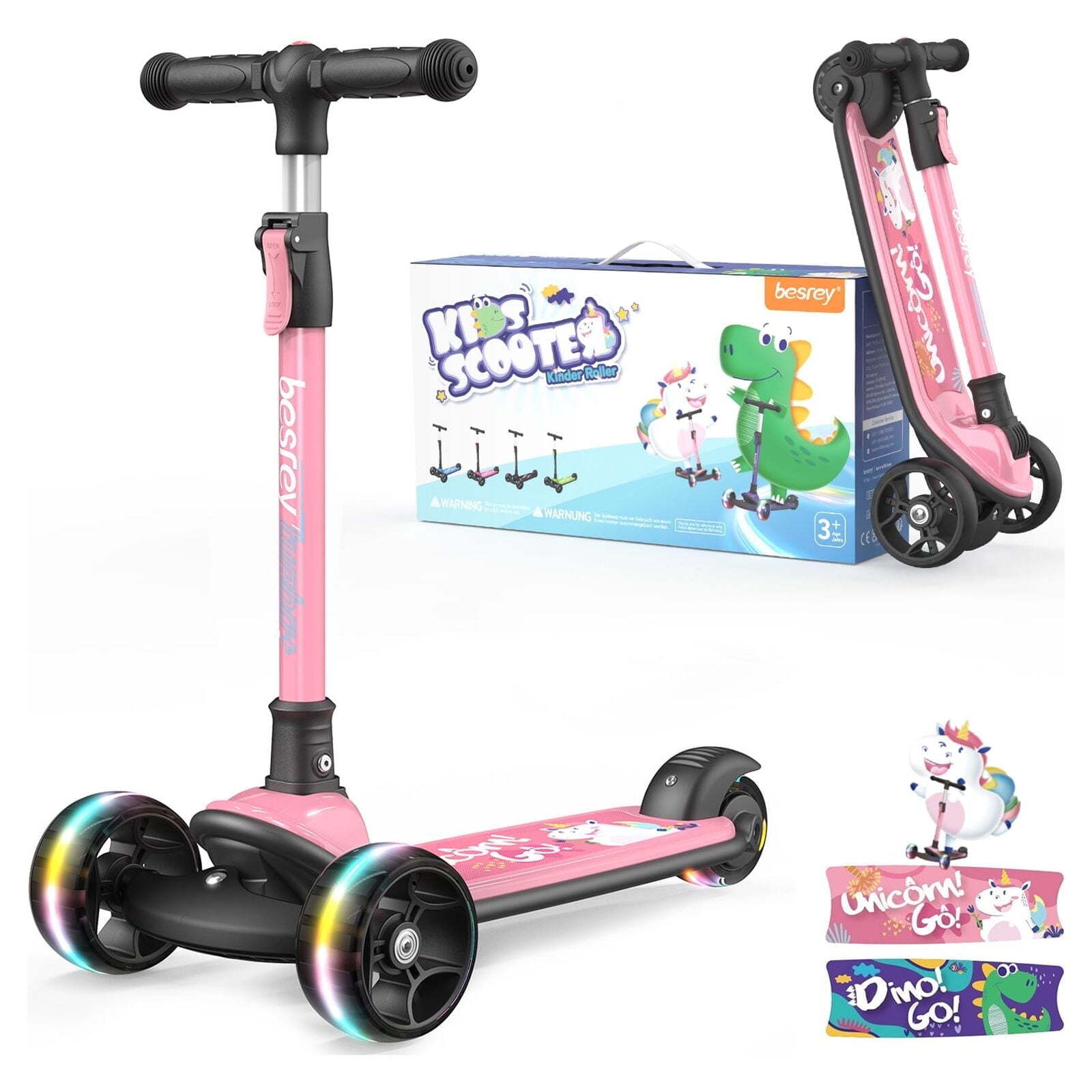 Besrey Kids 3 Wheel Scooter for Ages 3-10 Years Girls/Boys,Toddler Scooter,Pink