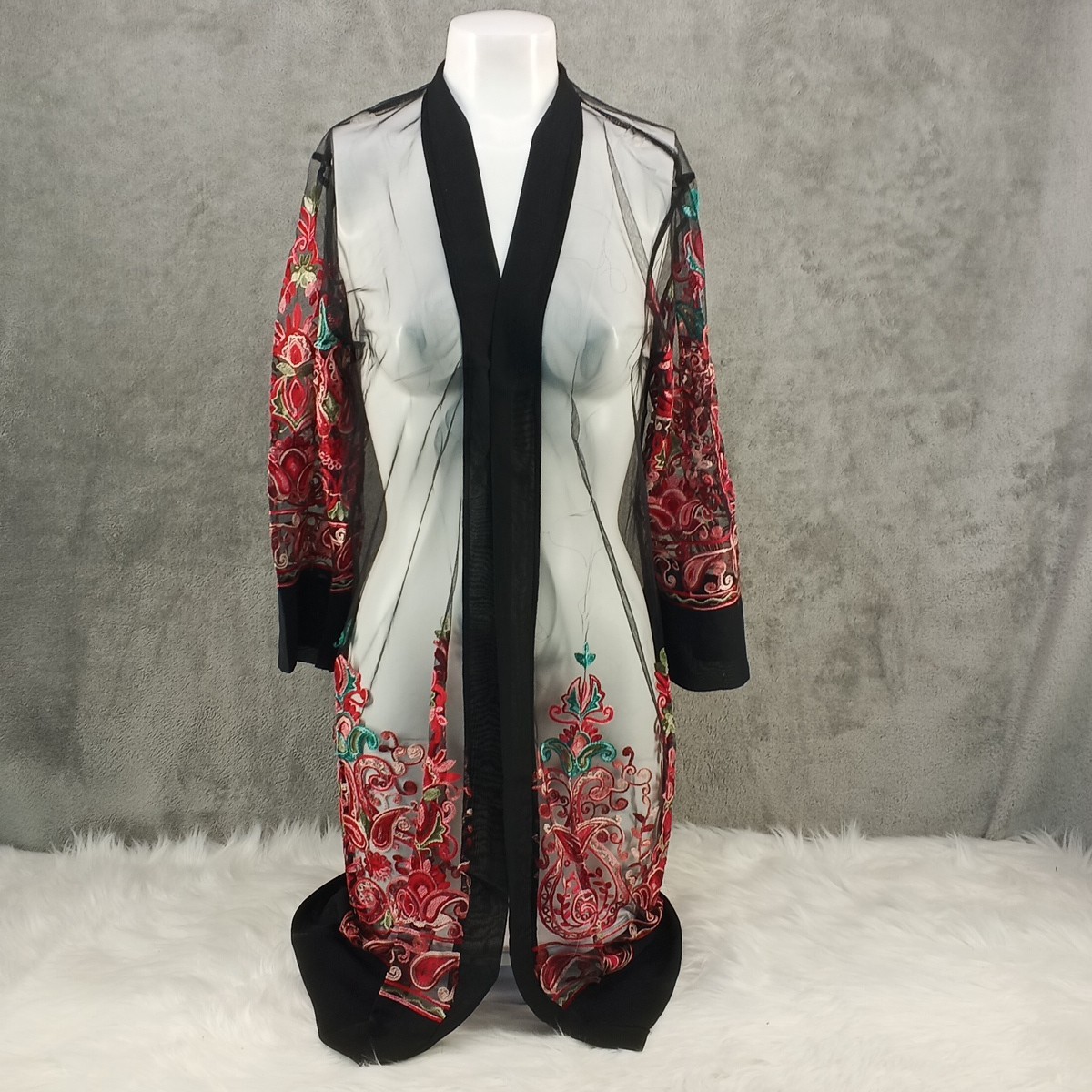 NWT WOWO Summer Kimono Embroidered Floral Mesh Cover Up Plus Size Black