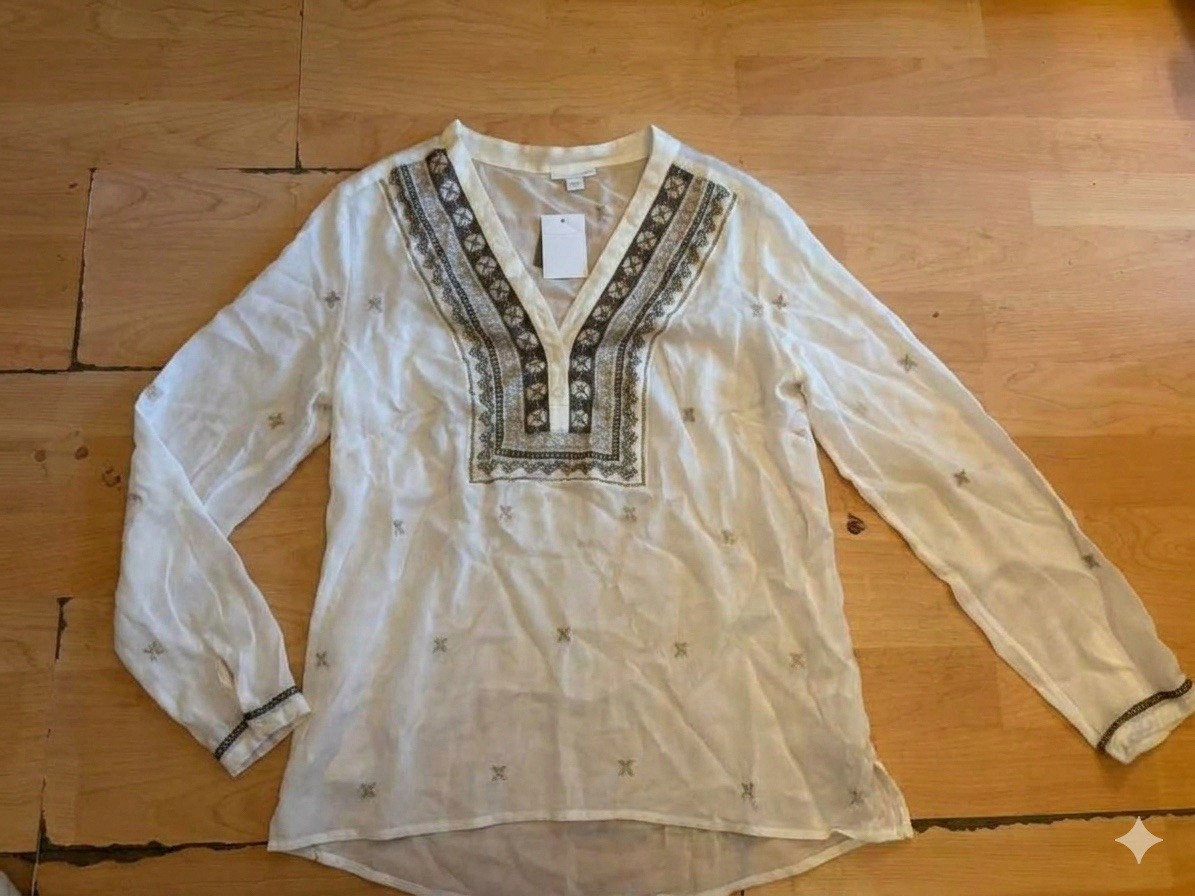 NEW J. JILL white Boho Embroidered Top Size M Women 3/4 Sleeves Casual W9