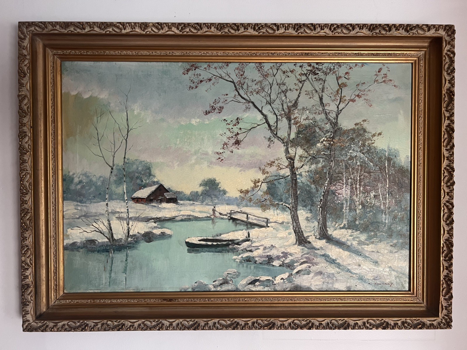 Painting H. Tournay - Cabin with Trees Winter Scene Oil On Canvas Framed
