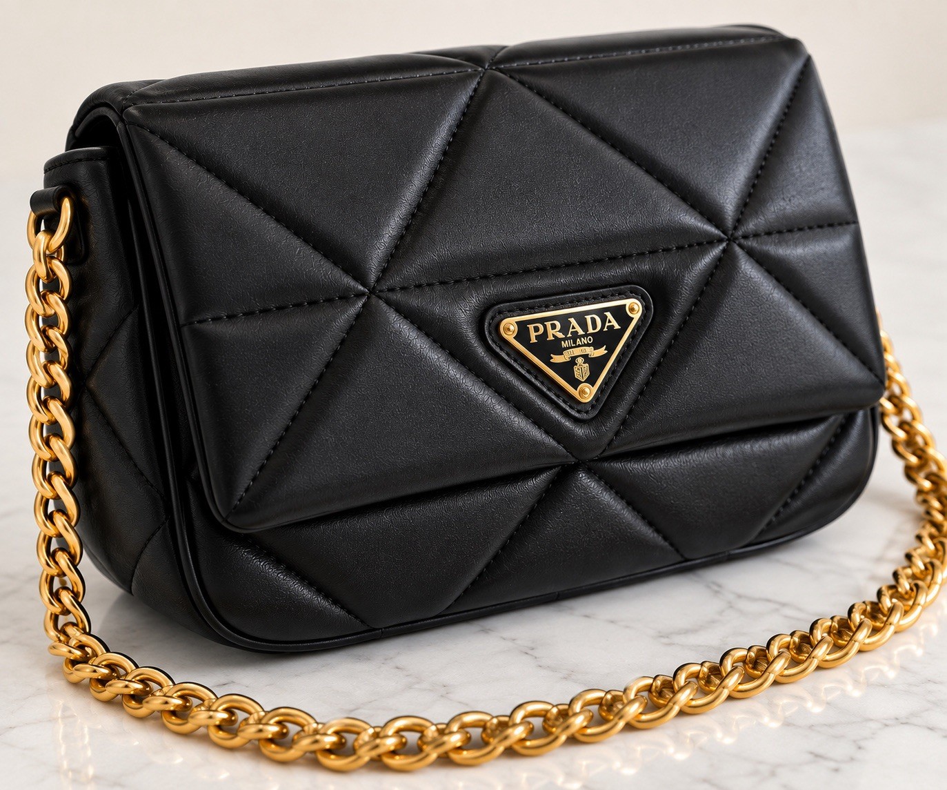Prada Black Quilted Leather Shoulder Bag with Gold Chain & Triangle Logo