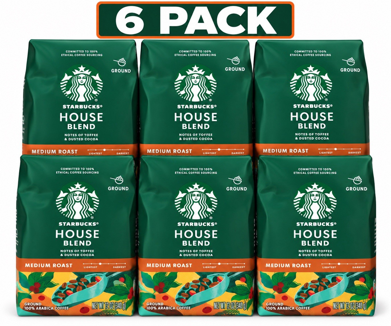 LOT OF 6 Starbucks House Blend Medium Roast Ground Coffee, 12oz EACH
