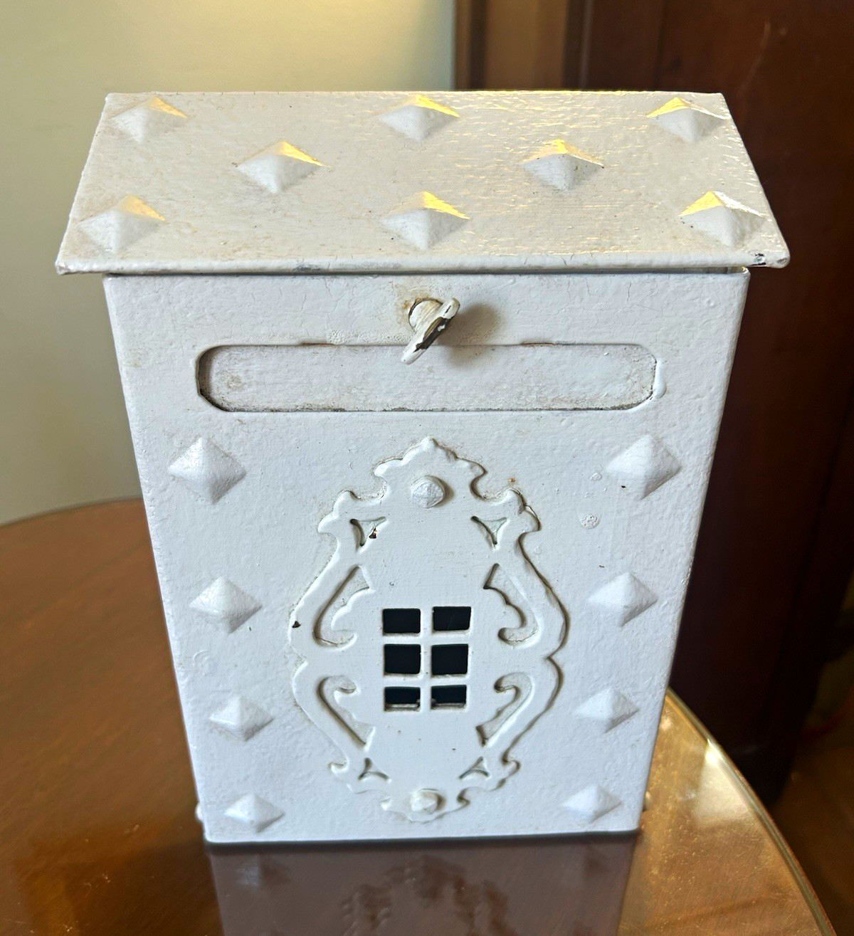 1930s 40s Vintage Shabby Chic White Metal Wall Mounted Mailbox 10”