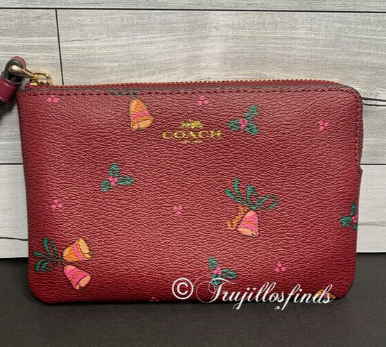 Coach Corner Zip Wristlet With Holiday Print Black Cherry CE920 New