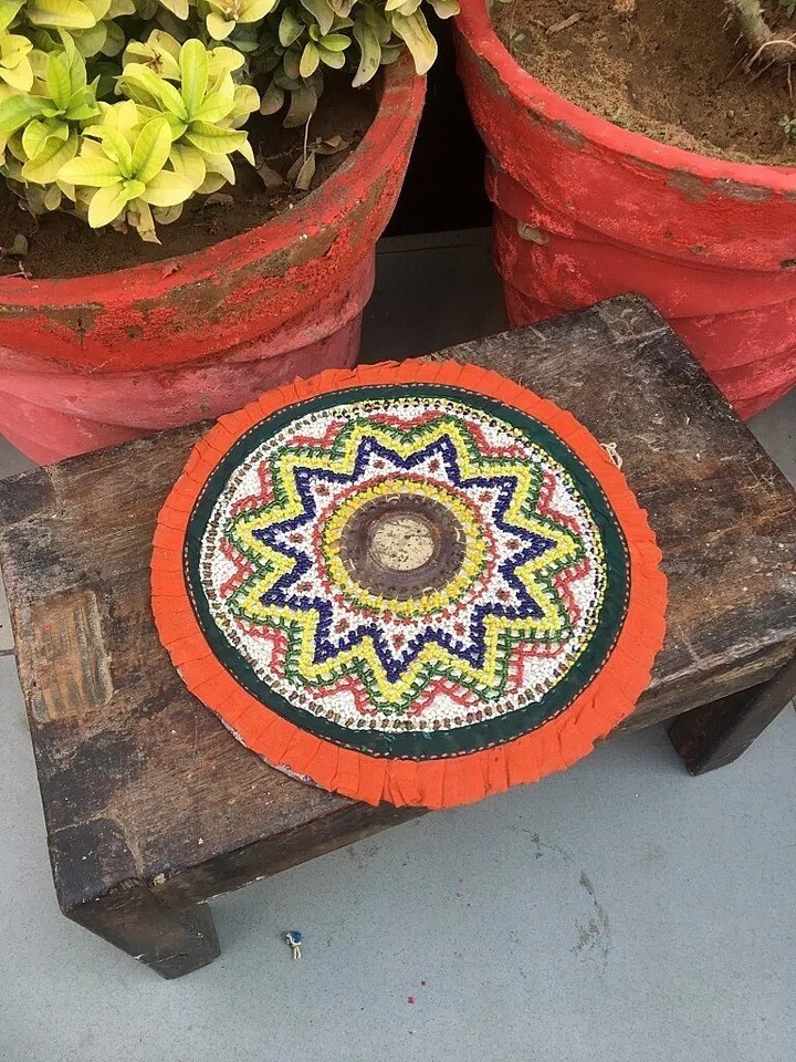 Antique Indian Ethnic Handmade Beads & Mirror Tribal Artwork Table Top Decor Antique Indian Ethnic Handmade Beads & Mirror Tribal Artwork Table Top Decor