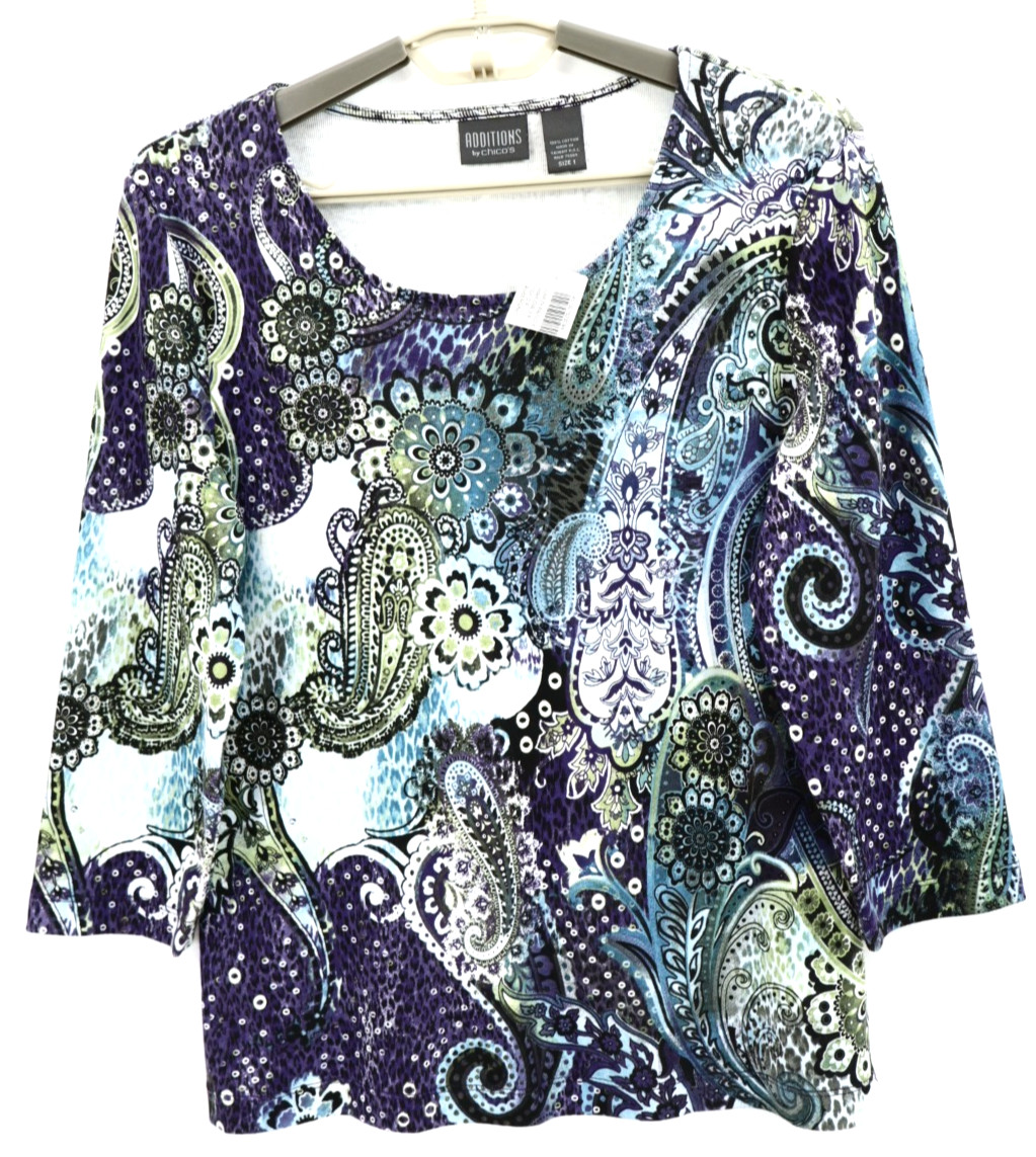 NWT ADDITIONS By CHICO\'S Women\'s Cotton Top 3/4 Sleeve Paisley Multicolor 1 S M