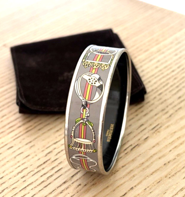 Authentic HERMES Silver Enamel Concours d'Etriers Bangle Orig Pouch Freywilee