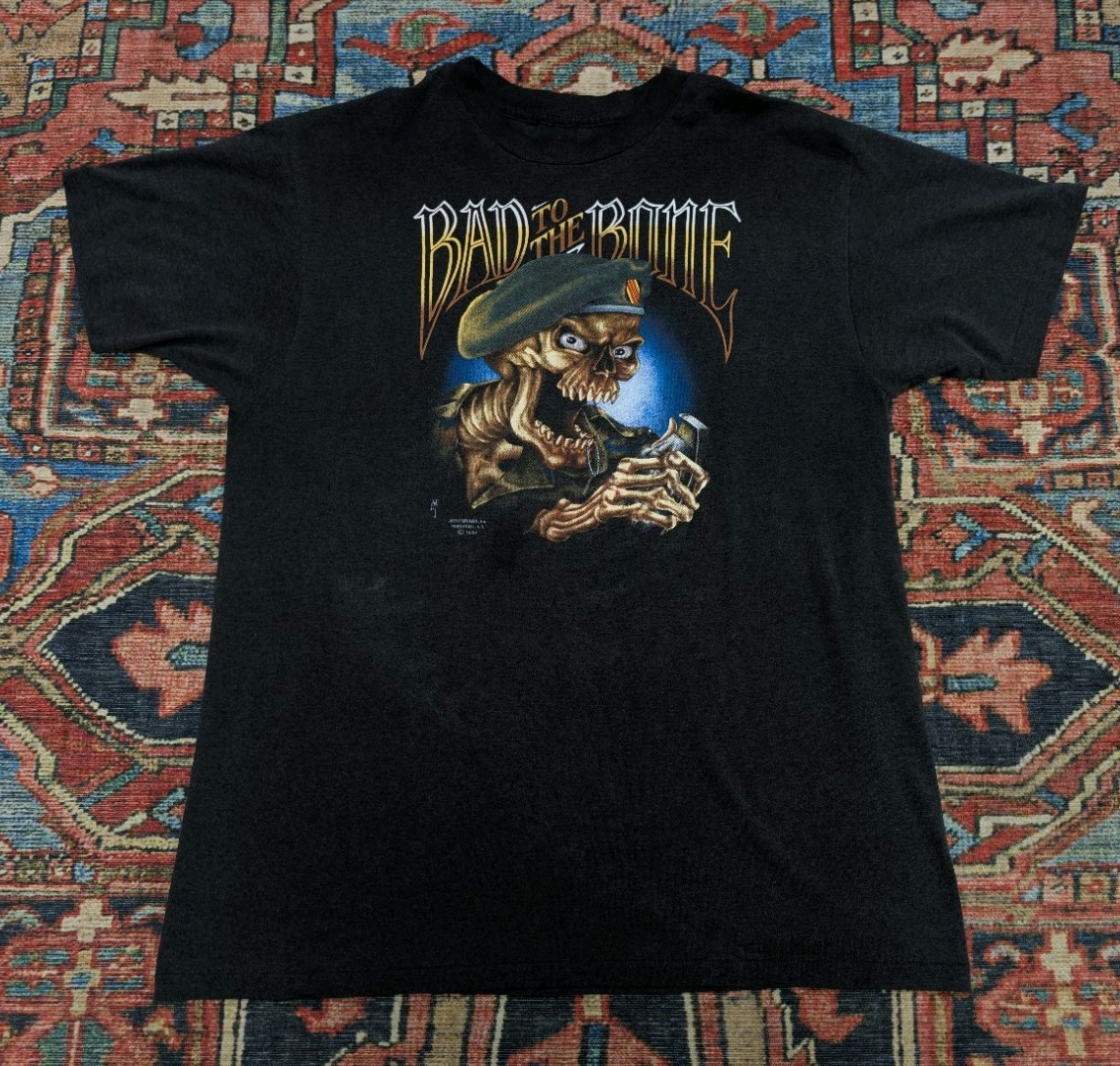 Rare Vintage 3D EMBLEM Bad To The Bone Green Baret T Shirt 1987 Black XL USA Men Rare Vintage 3D EMBLEM Bad To The Bone Green Baret T Shirt 1987 Black XL USA Men