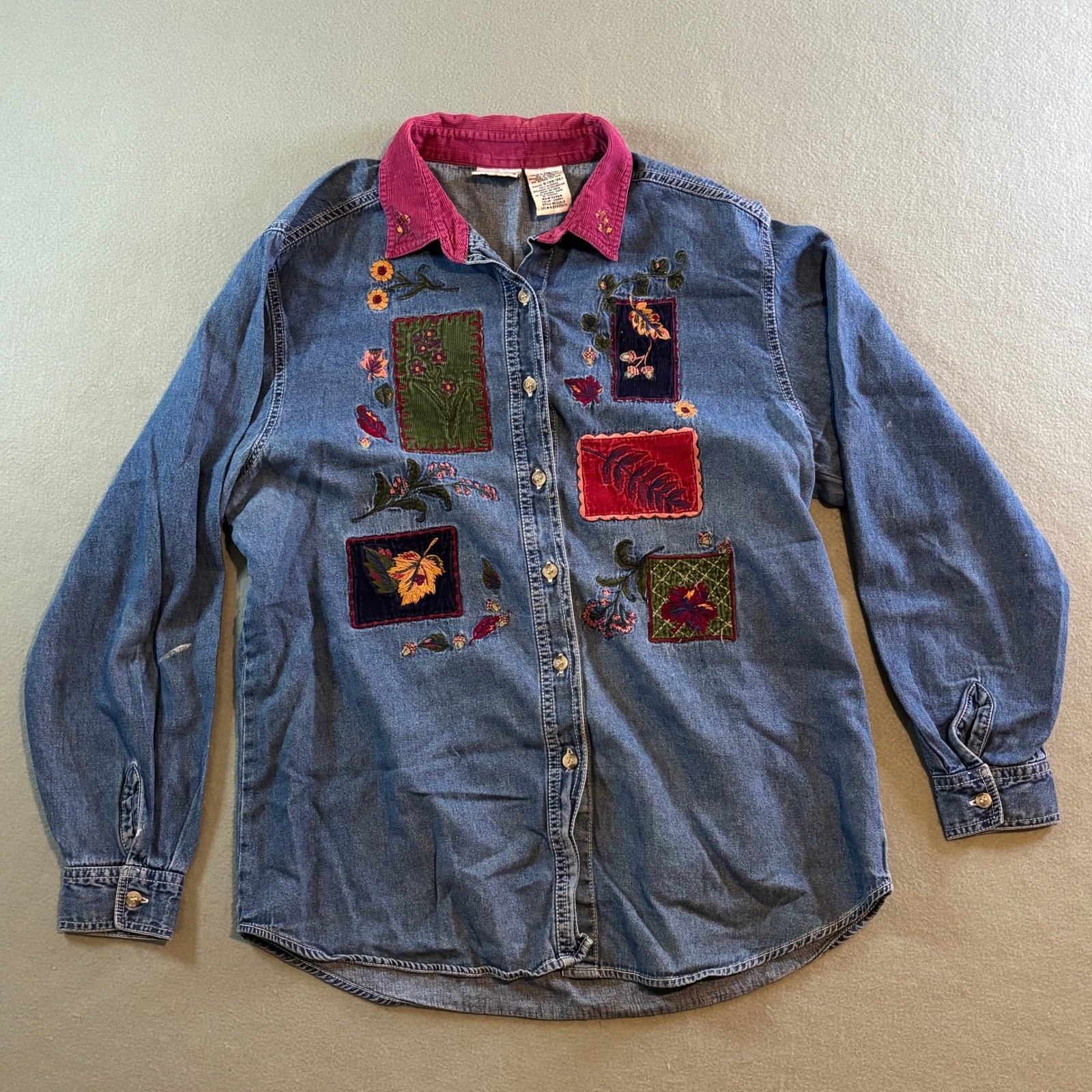 VTG Bobbie Brooks Denim Patchwork Shirt Womens L Blue Corduroy Collar Cottage