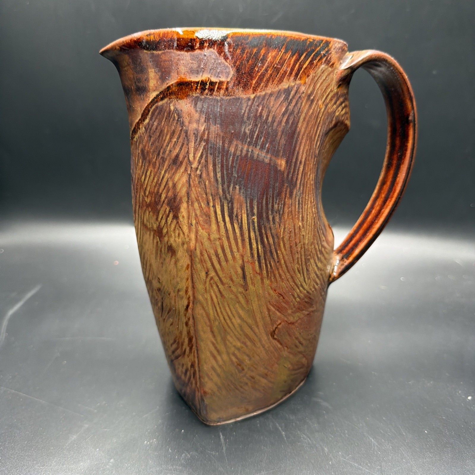 Signed Art Studio Pottery Glazed Ceramic Pitcher/ Vase Wood Abstract Handmade Signed Art Studio Pottery Glazed Ceramic Pitcher/ Vase Wood Abstract Handmade