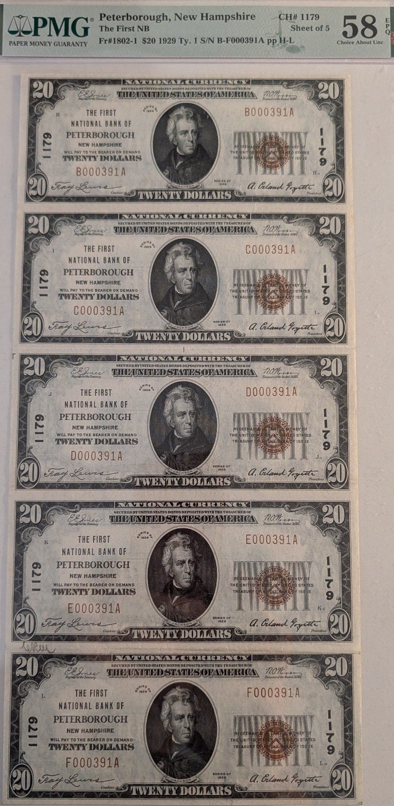 RARE UNCUT SHEET of FIVE 1929 $20 Peterborough, NH Federal Reserve Bank Notes