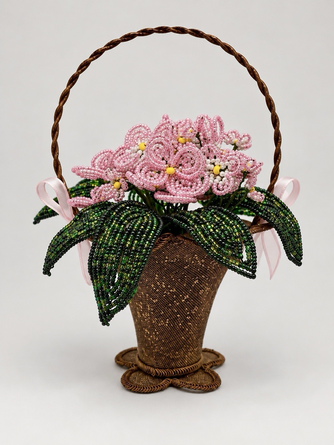 Vintage French Beaded Pink Flower Arrangement in Metal Mesh Basket 7” Tall