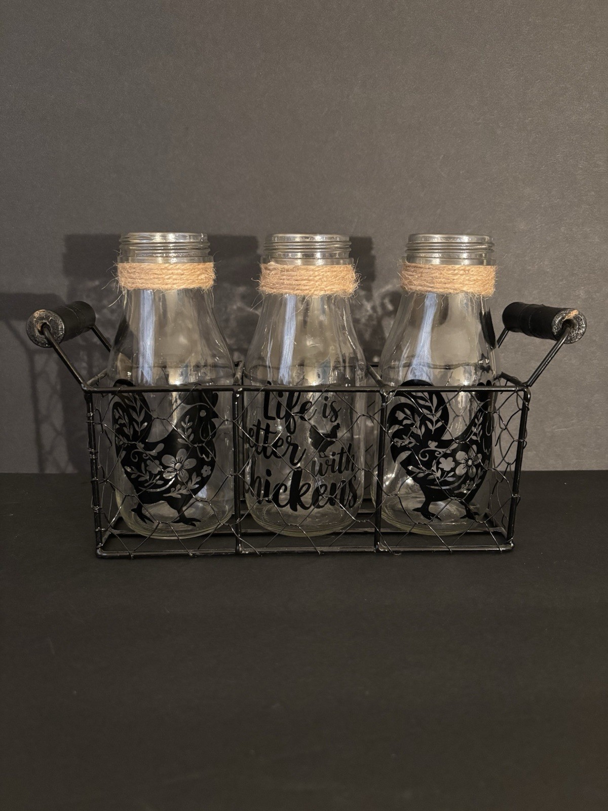 3pc Bottle Set with Basket- Farmhouse Chicken Design 3pc Bottle Set with Basket- Farmhouse Chicken Design