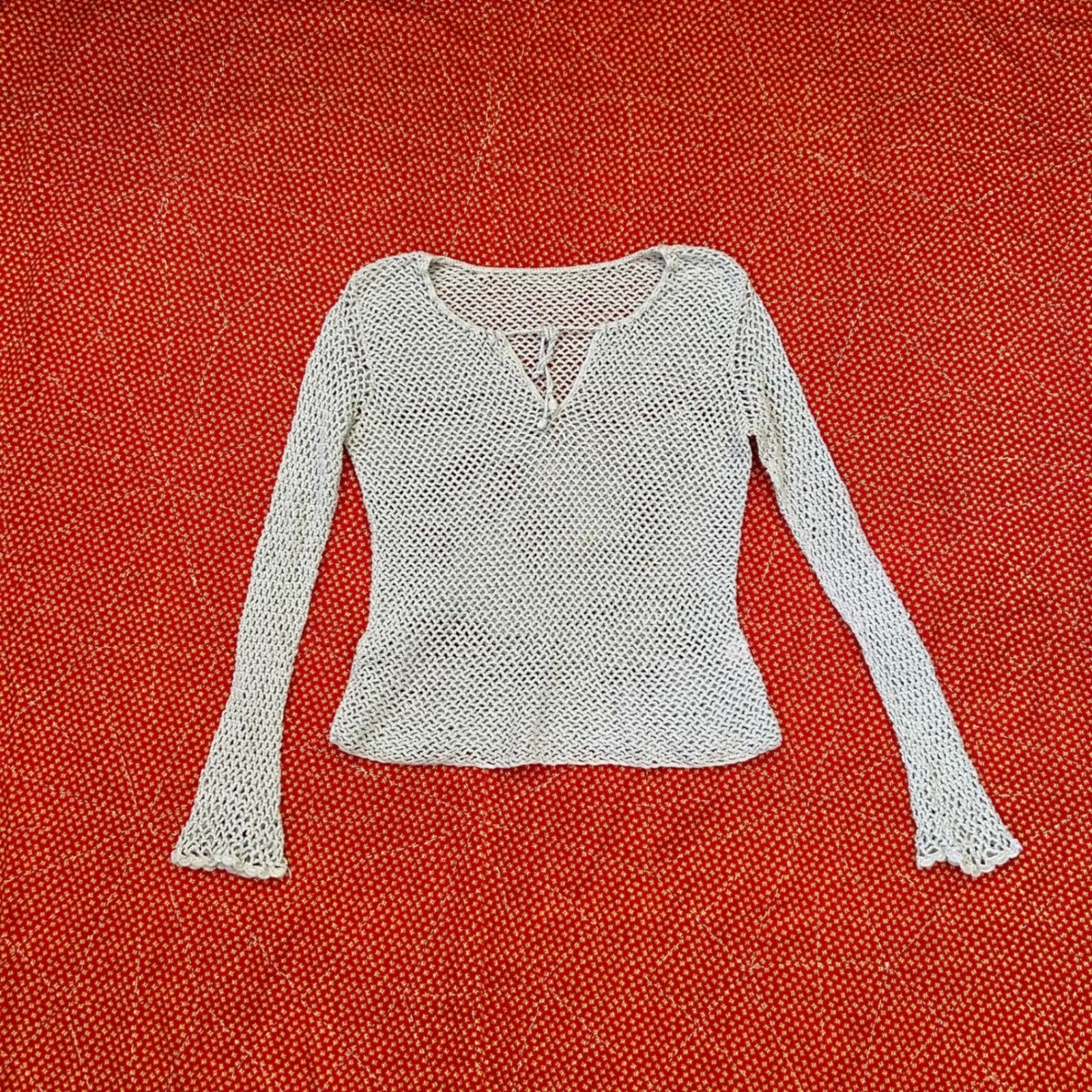 Vintage 90s Crochet Knit Long Sleeve Top Blue Open Weave Tie Front Boho Coquette Vintage 90s Crochet Knit Long Sleeve Top Blue Open Weave Tie Front Boho Coquette
