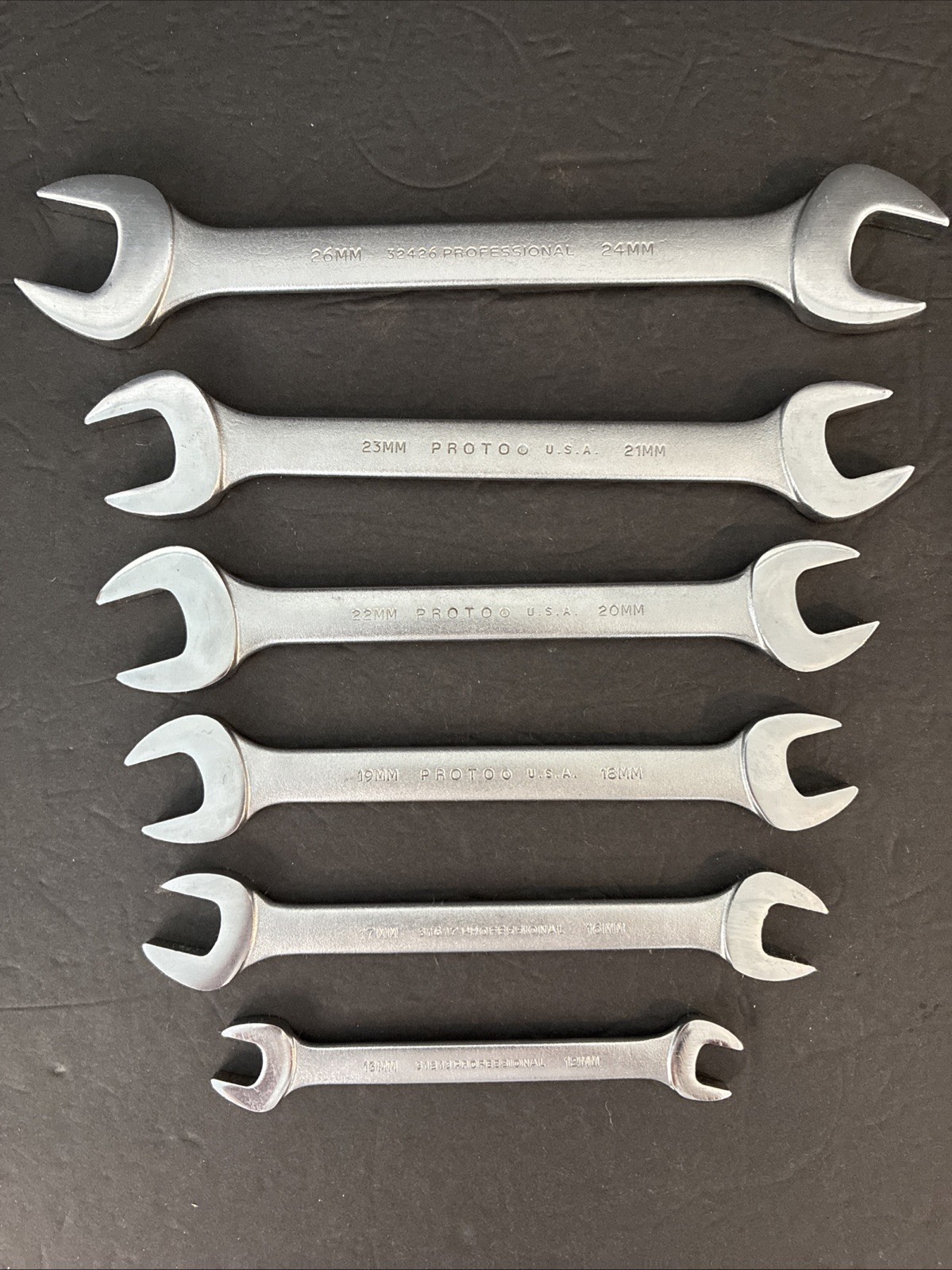 6 Piece Proto Professional Metric Open End Wrench Set 13-26mm Made in USA 6 Piece Proto Professional Metric Open End Wrench Set 13-26mm Made in USA