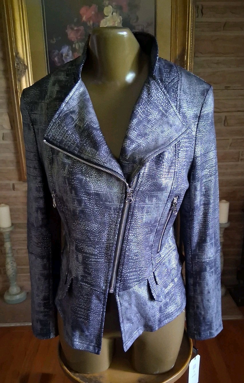 NWT Clara Sun Woo Liquid Leather Faux Gunmetal Biker Jacket Snakeskin Size M