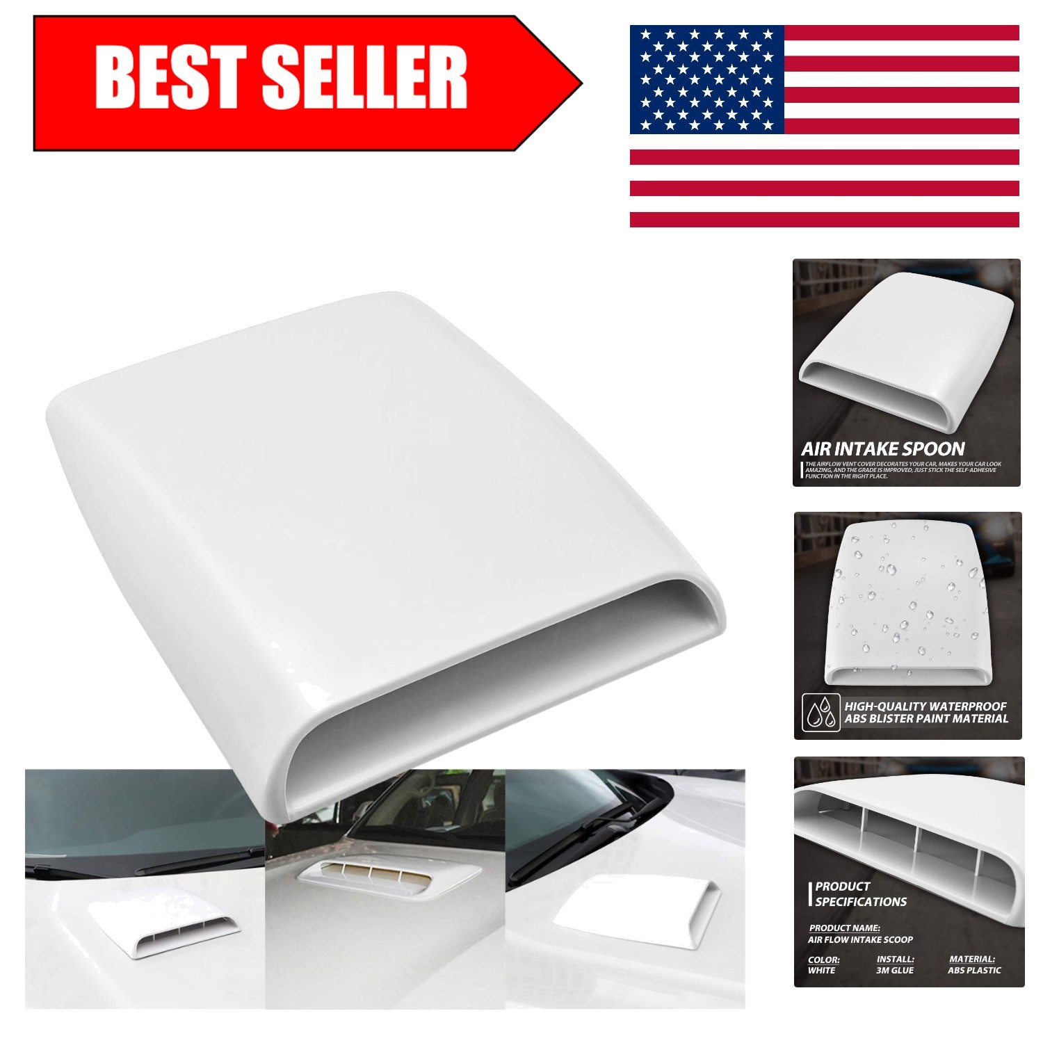 Sleek White Universal Car Hood Scoop Vent - Easy Self-Adhesive Installation