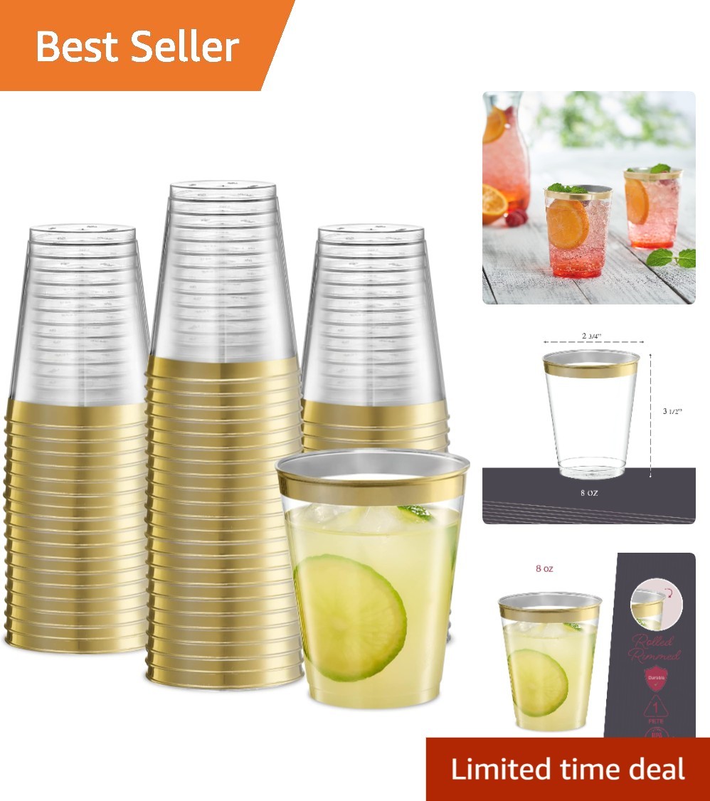 Elegant 8 oz Disposable Crystal Clear Tumblers with Gold Rim - Pack of 50 Elegant 8 oz Disposable Crystal Clear Tumblers with Gold Rim - Pack of 50