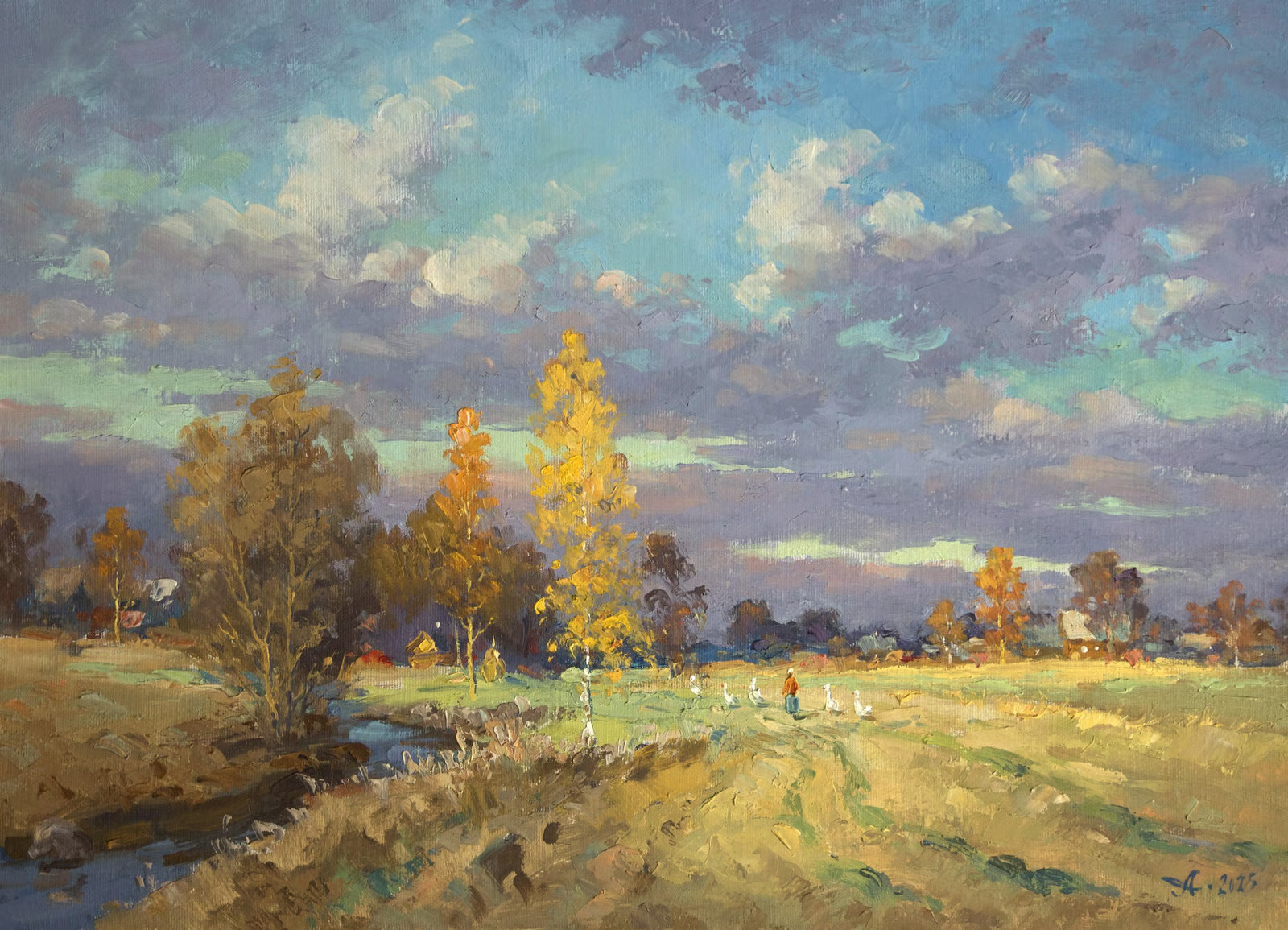 Russian Autumn Landscape with Geese, Village Field, Original Oil on Canvas