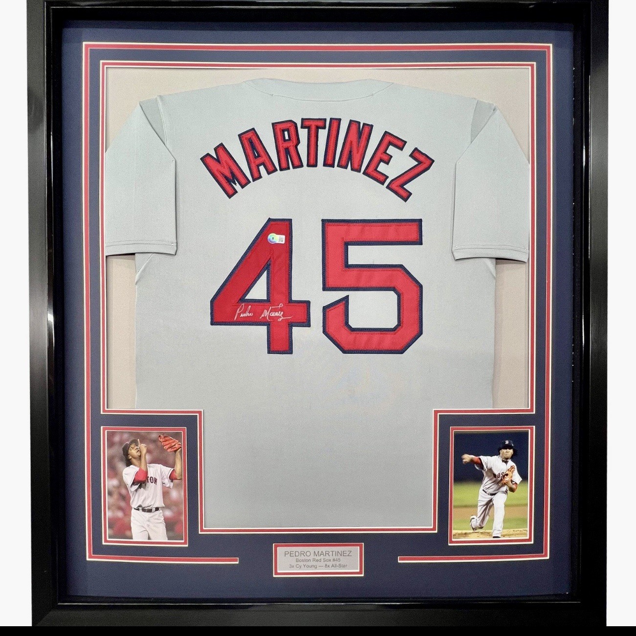Framed Autographed/Signed Pedro Martinez 35x39 Boston Grey Jersey JSA COA Framed Autographed/Signed Pedro Martinez 35x39 Boston Grey Jersey JSA COA