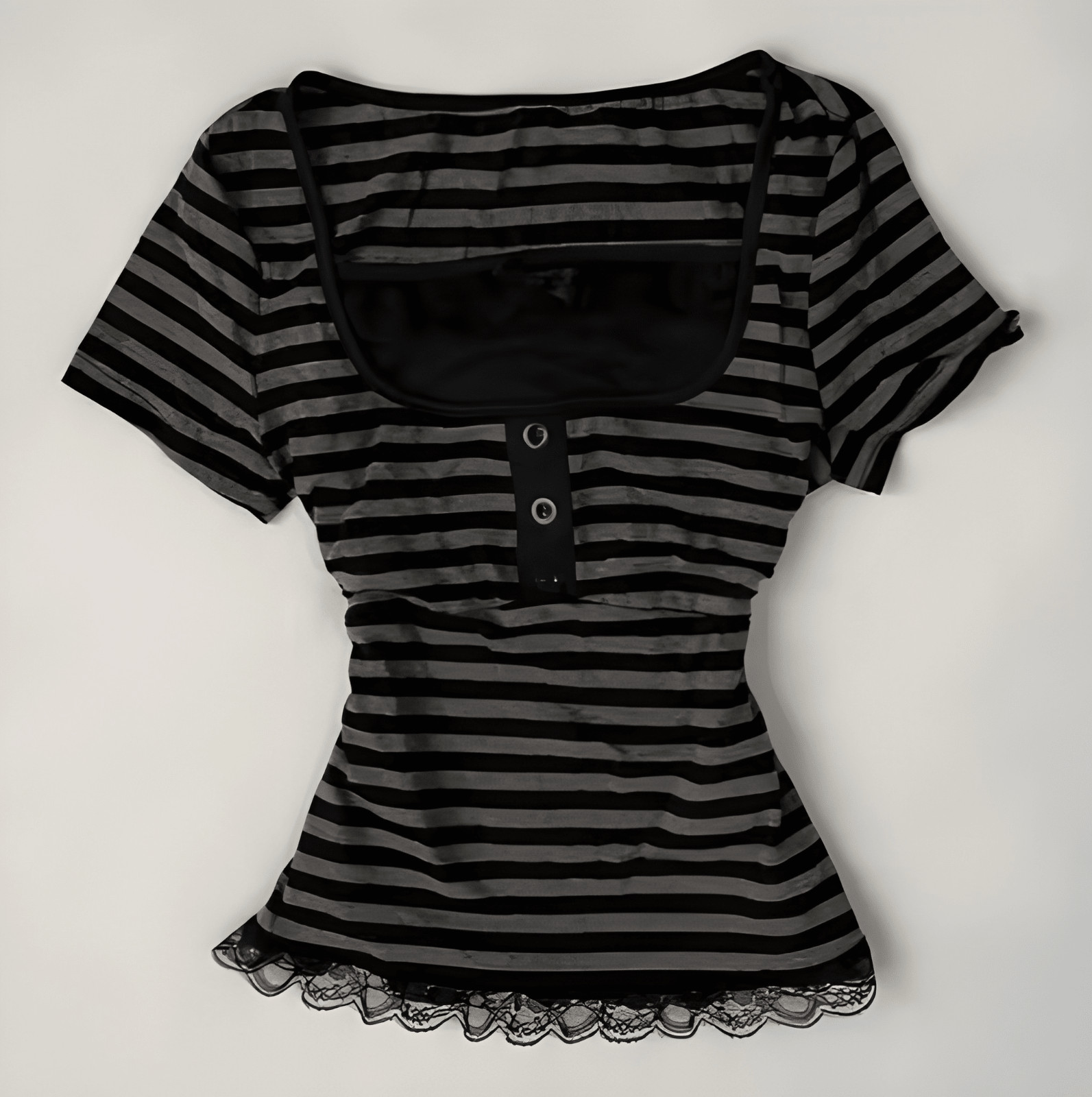 Y2K Goth Striped Lace Baby Tee Black Grey Square Neck Crop Top Women\'s S New