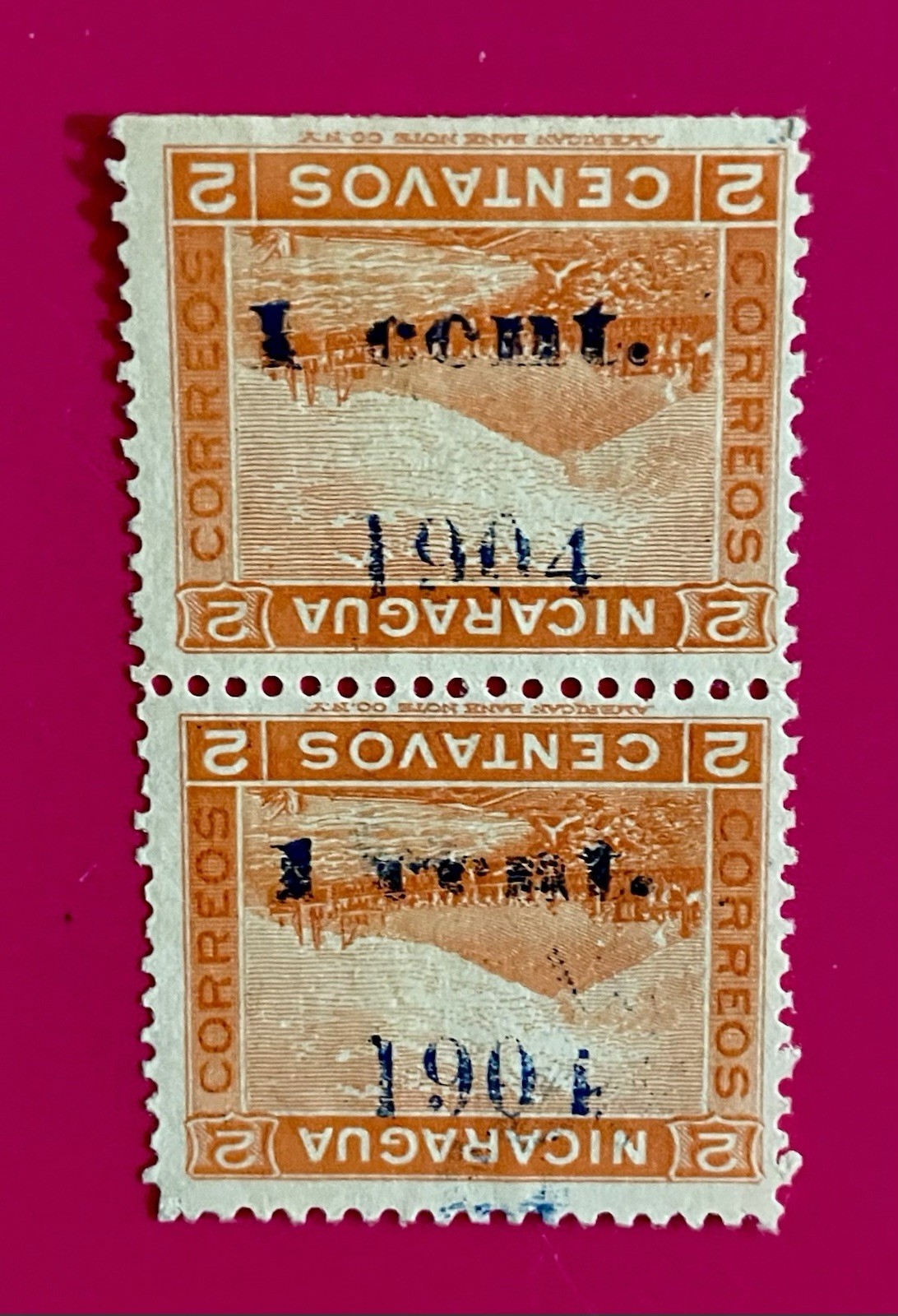 Vintage Nicaragua 1904 Momotombo 1¢ on 2¢ Inverted OVPT Max # 200Rav Pair MNG Vintage Nicaragua 1904 Momotombo 1¢ on 2¢ Inverted OVPT Max # 200Rav Pair MNG