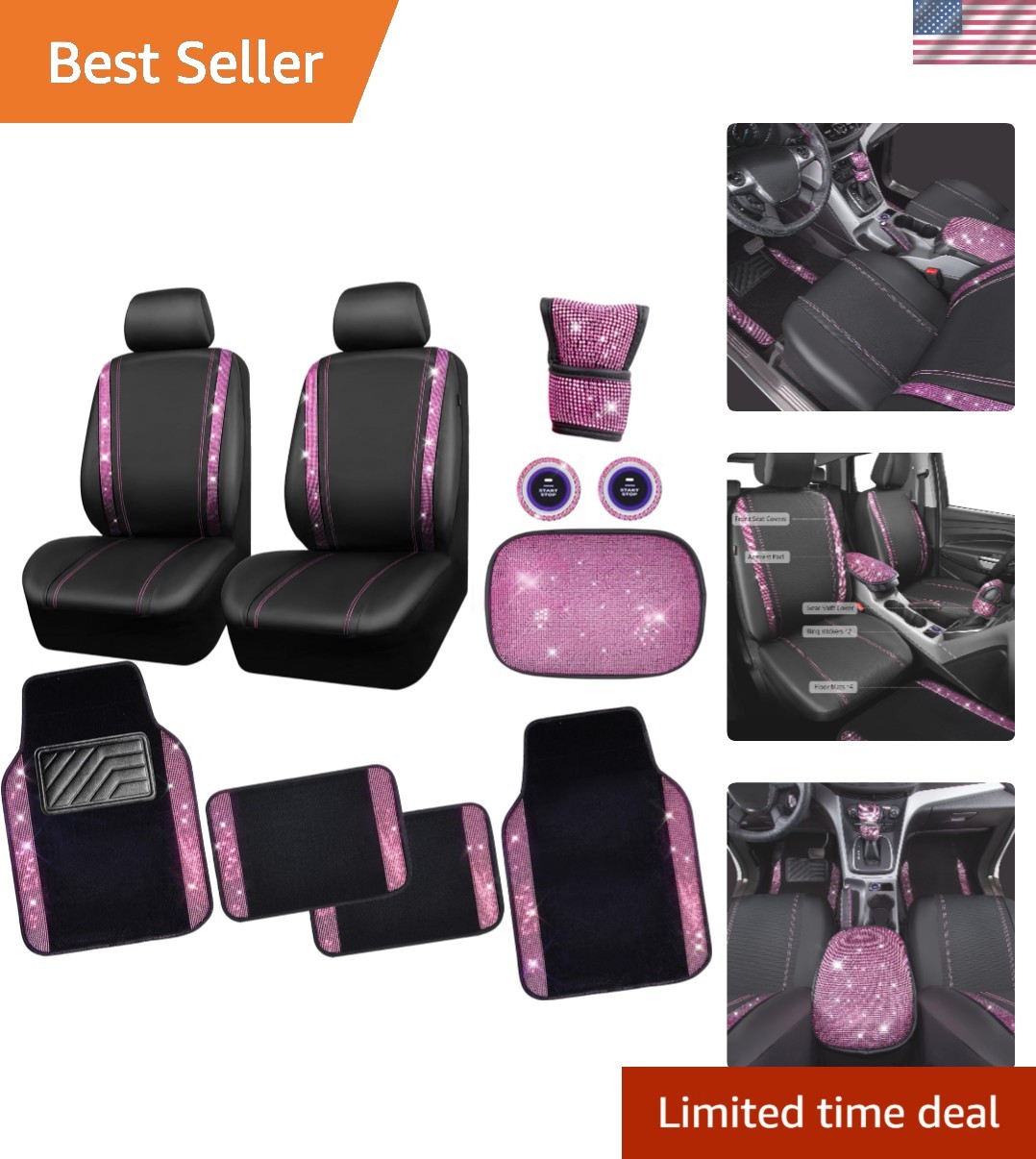 Bling Rhinestone Car Seat Covers Leather Shining Diamond Car Floor Mats Carpe...