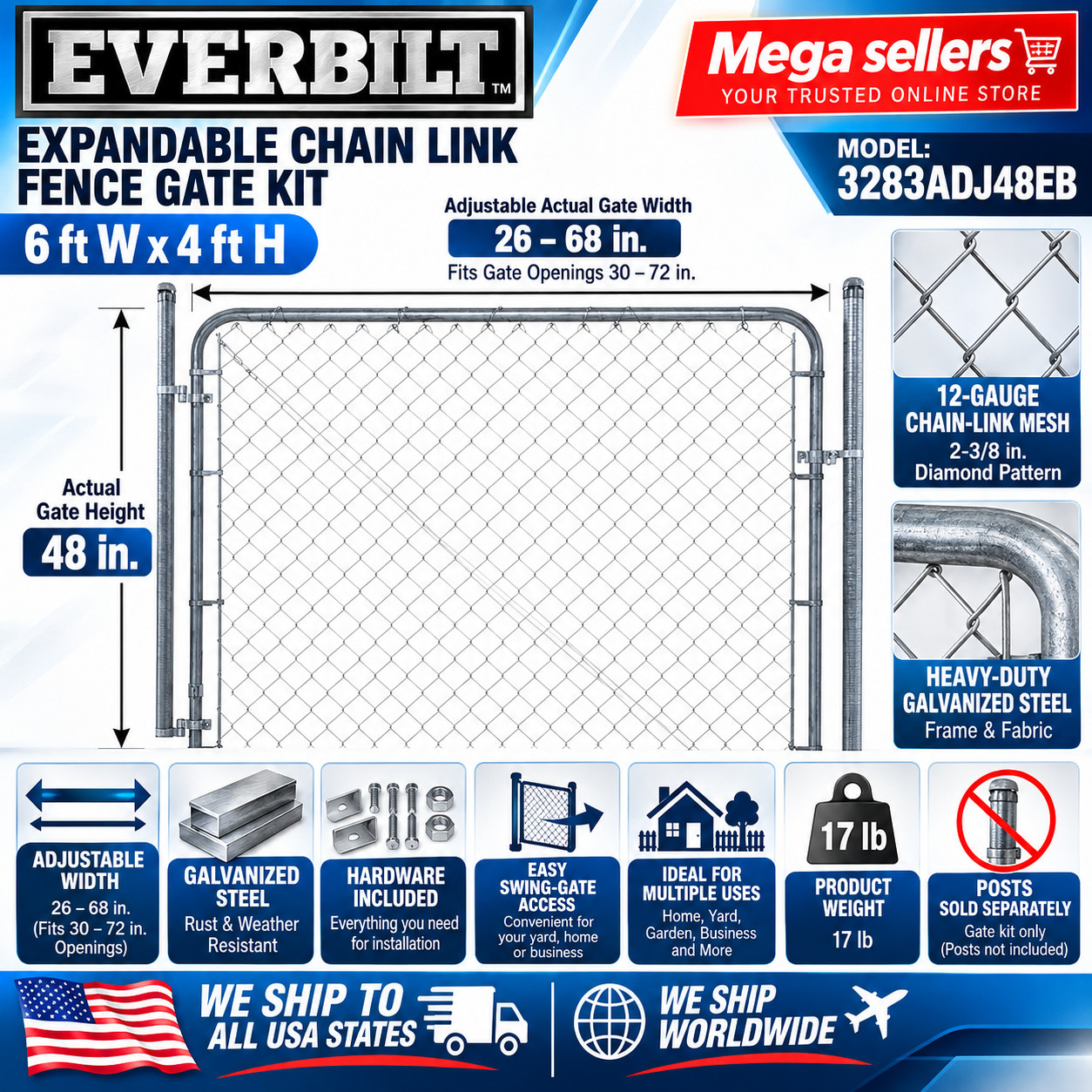 Everbilt 6 ft W x 4 ft H Expandable Chain Link Galvanized Steel Fence Gate Kit