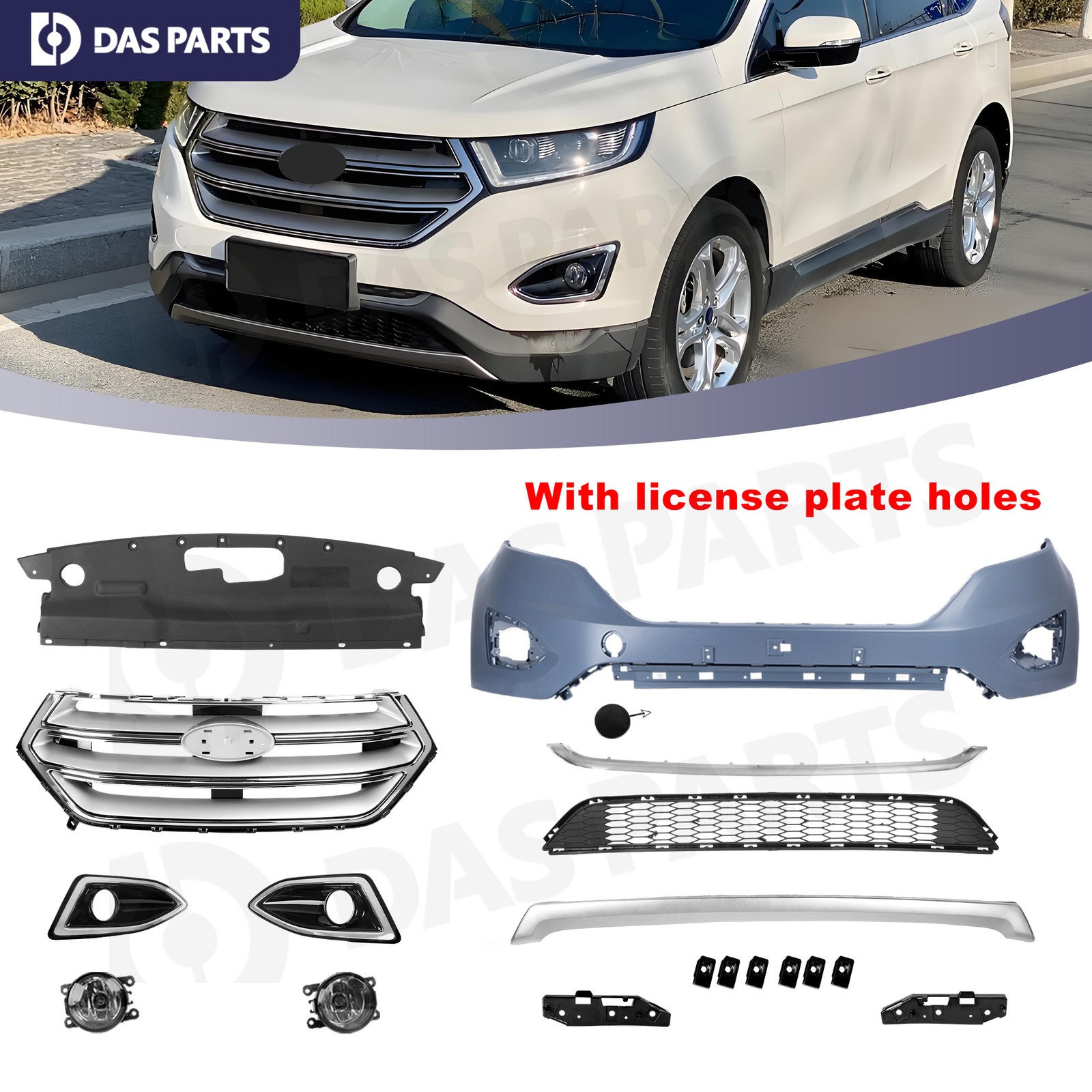 For 2015-18 Ford Edge Front Bumper Cover Upper Lower Grille Grill Fog Light Kit