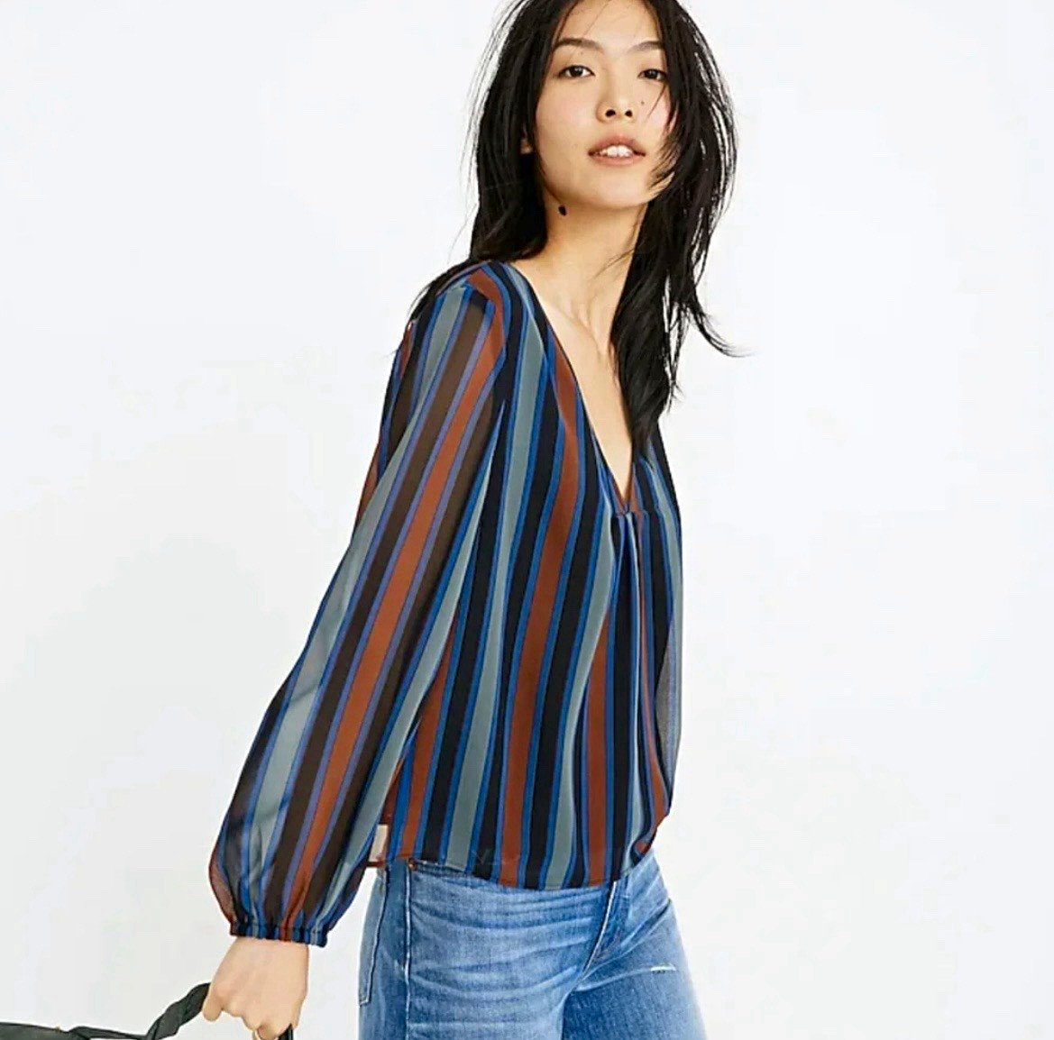 Madewell Teal Academy Striped Sheer Sleeve Blouse Sz S Madewell Teal Academy Striped Sheer Sleeve Blouse Sz S