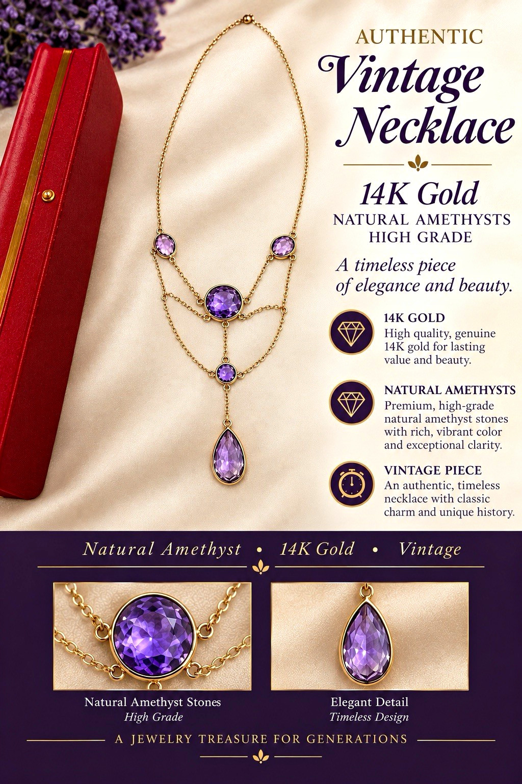 Vintage 14k Yellow Gold Natural Pear Amethyst Bezel Teardrop Pendant Necklace Vintage 14k Yellow Gold Natural Pear Amethyst Bezel Teardrop Pendant Necklace
