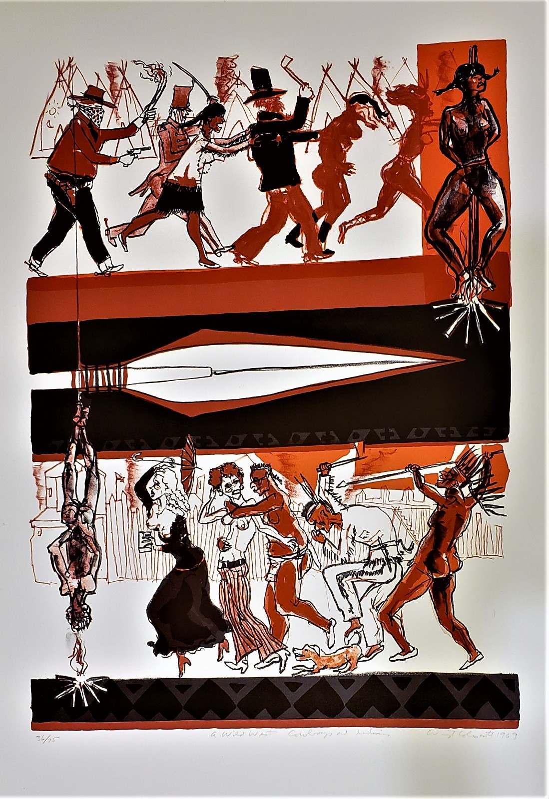 WARRINGTON COLESCOTT Lithograph COWBOYS & INDIANS WILD WEST 36/75 PENCIL SIGNED 