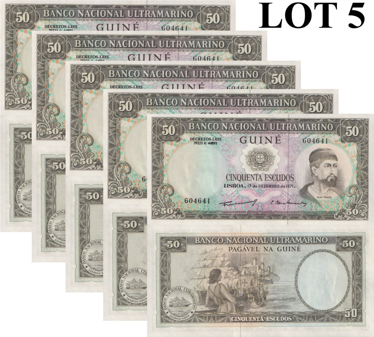 Portuguese guinea 50 Escudos 1971 P 44 UNC 1/20 Bundle Lot 5 pcs Portuguese guinea 50 Escudos 1971 P 44 UNC 1/20 Bundle Lot 5 pcs