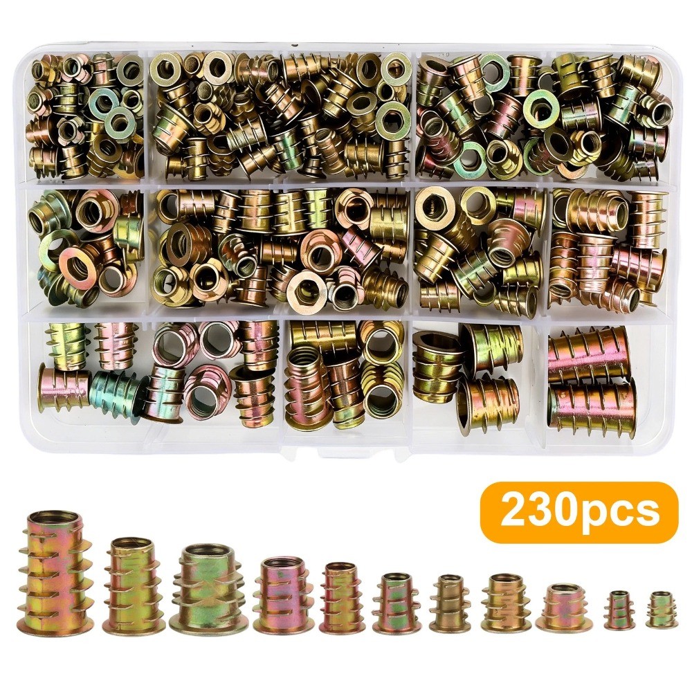 230Pcs THREADED HEX DRIVE INSERT FIXING WOOD SCREW INSERTS NUTS M4/M5/M6M8/M10