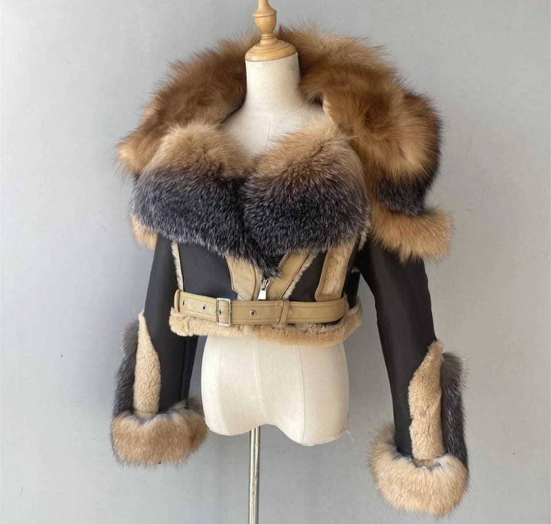 Luxury Women's Leather Cropped Jacket Real Fur Trimmed Biker Shearling Coat Luxury Women's Leather Cropped Jacket Real Fur Trimmed Biker Shearling Coat