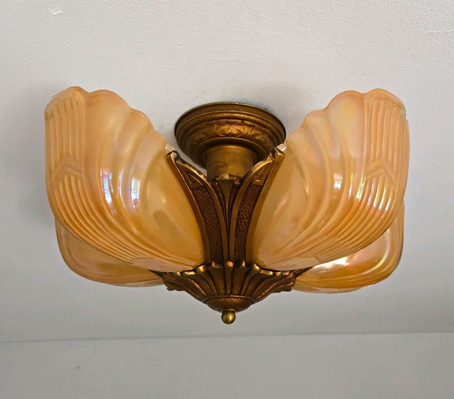 Markel antique vintage 5 bulb chandelier slip shade old gold finish Art Deco Markel antique vintage 5 bulb chandelier slip shade old gold finish Art Deco