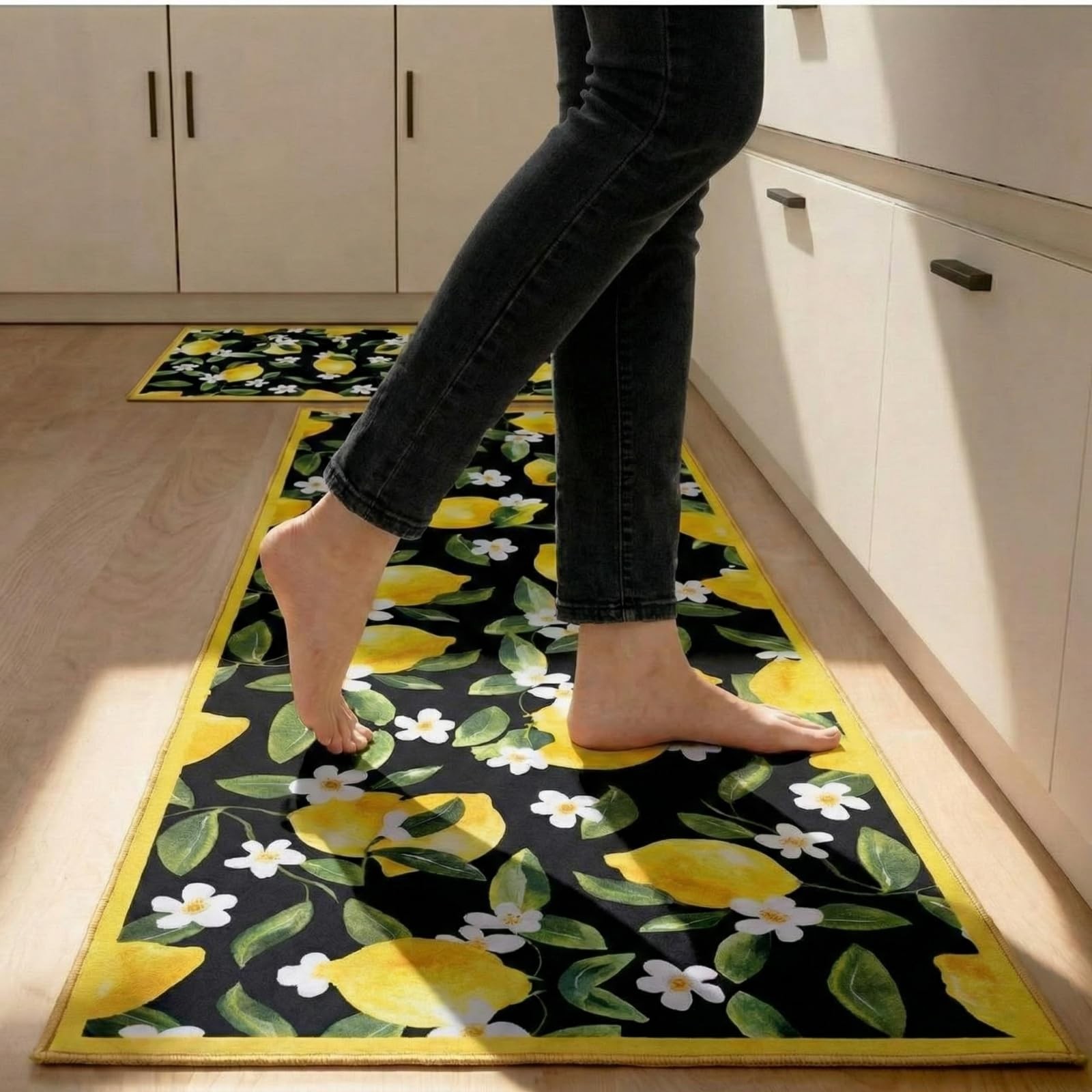 Black 2 Pcs Lemon Kitchen Mats Lemon Kitchen Rugs for Floor Washable Soft Non...