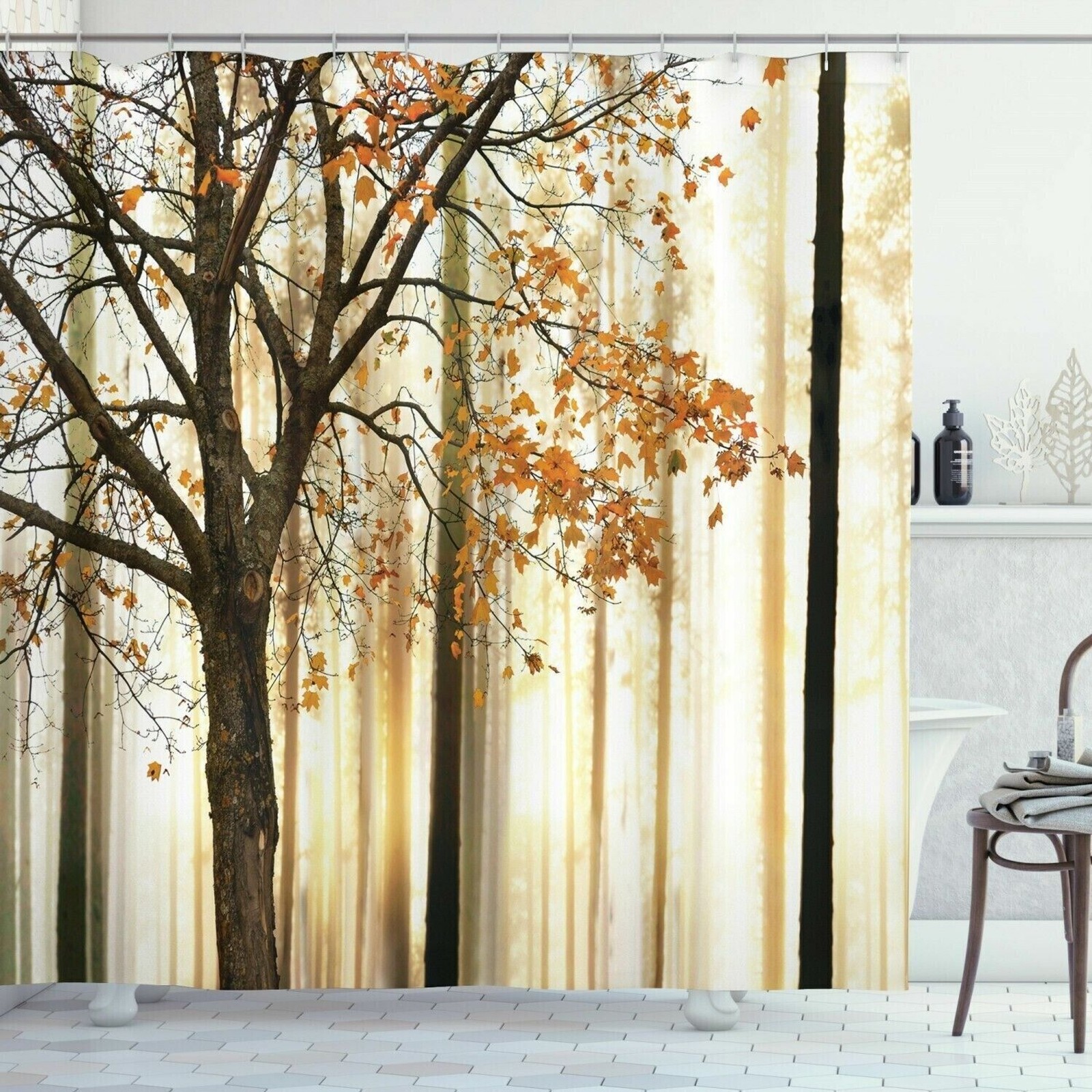 Ambesonne Autumn Tree Shower Curtain and Hooks Turkish Fabric Fall Brown Leaves