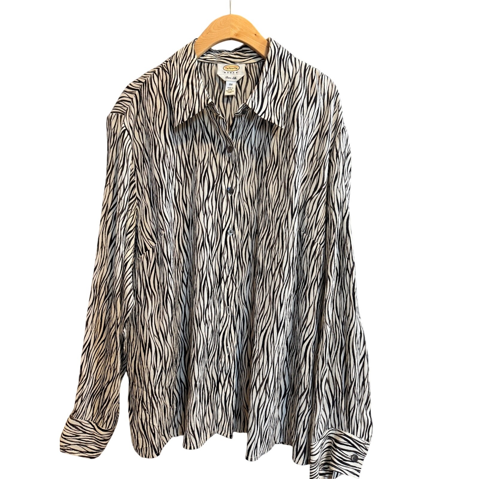Talbots Women\'s 18W 100% Pure Silk Shirt Black Cream Animal Print Long Sleeve