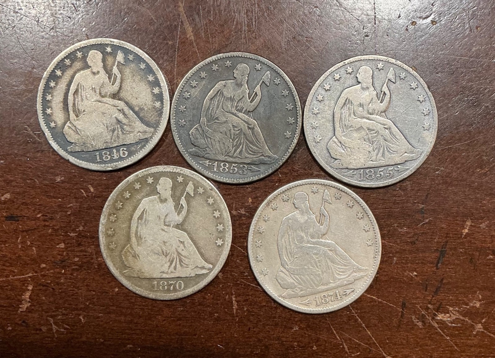 1853 ARROWS RAYS SEATED LIBERTY HALF DOLLAR TYPE COIN LOT 5 DIFFERENT TYPES 1853 ARROWS RAYS SEATED LIBERTY HALF DOLLAR TYPE COIN LOT 5 DIFFERENT TYPES
