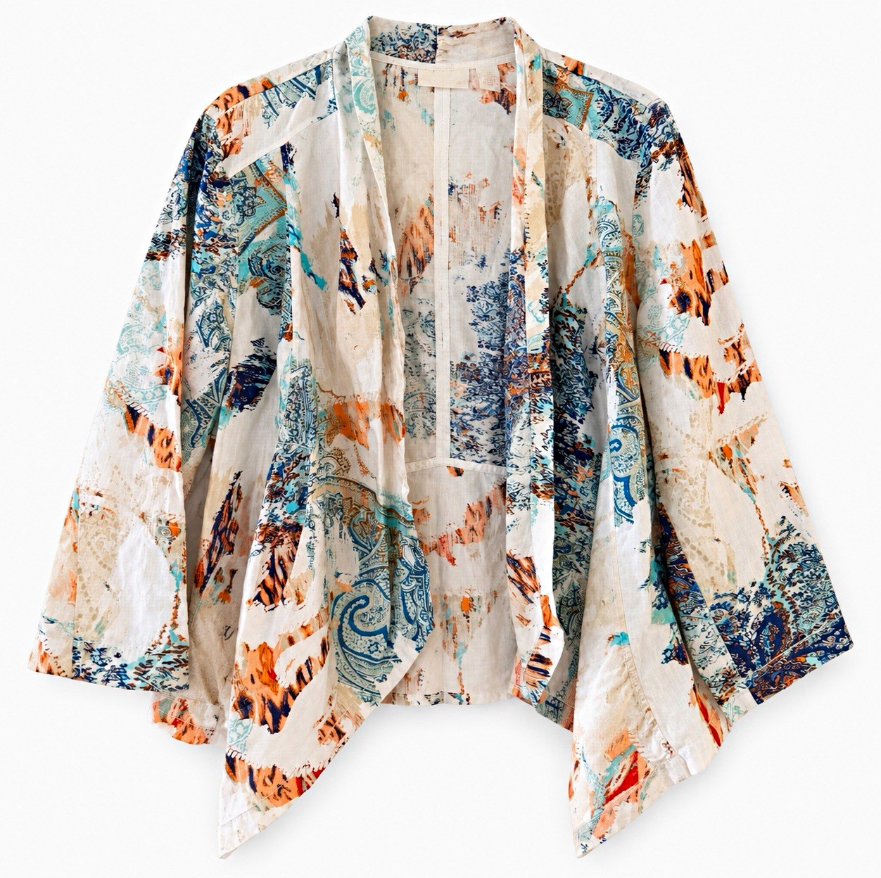 Chico\'s Linen Paisley Blouse White Blue Orange V-Neck 3/4 Sleeve Button 2
