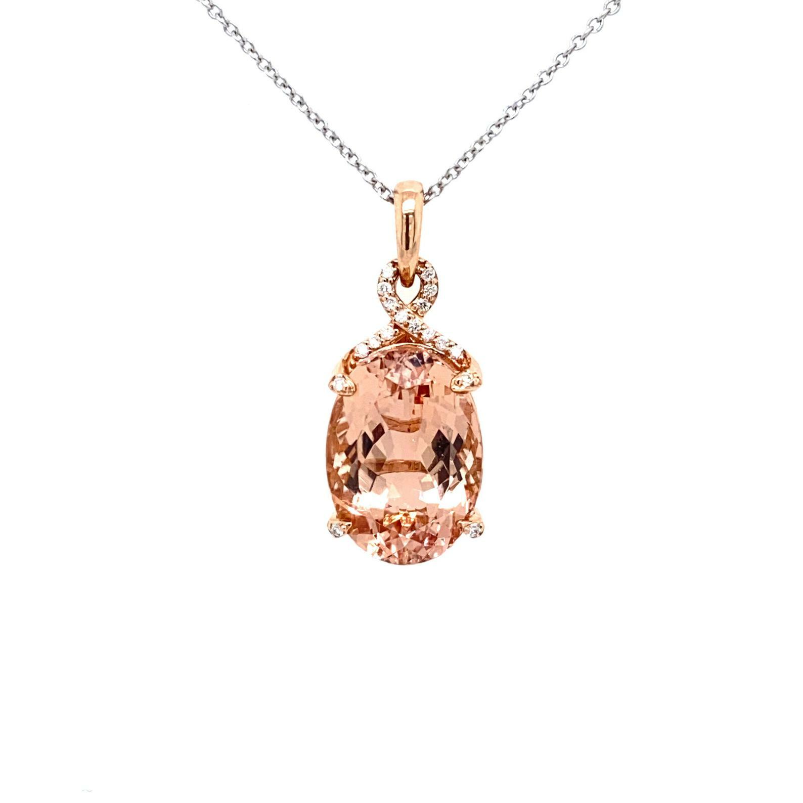 Regal 14x10MM Oval Morganite and Diamond Encrusted Pendant | Rose Gold 14k