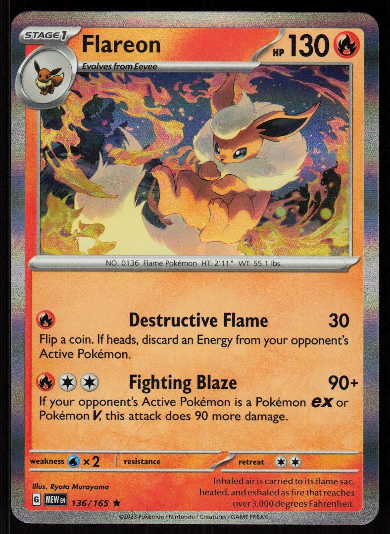 Flareon 136/165 Rare 151 Pokemon Holo Near Mint