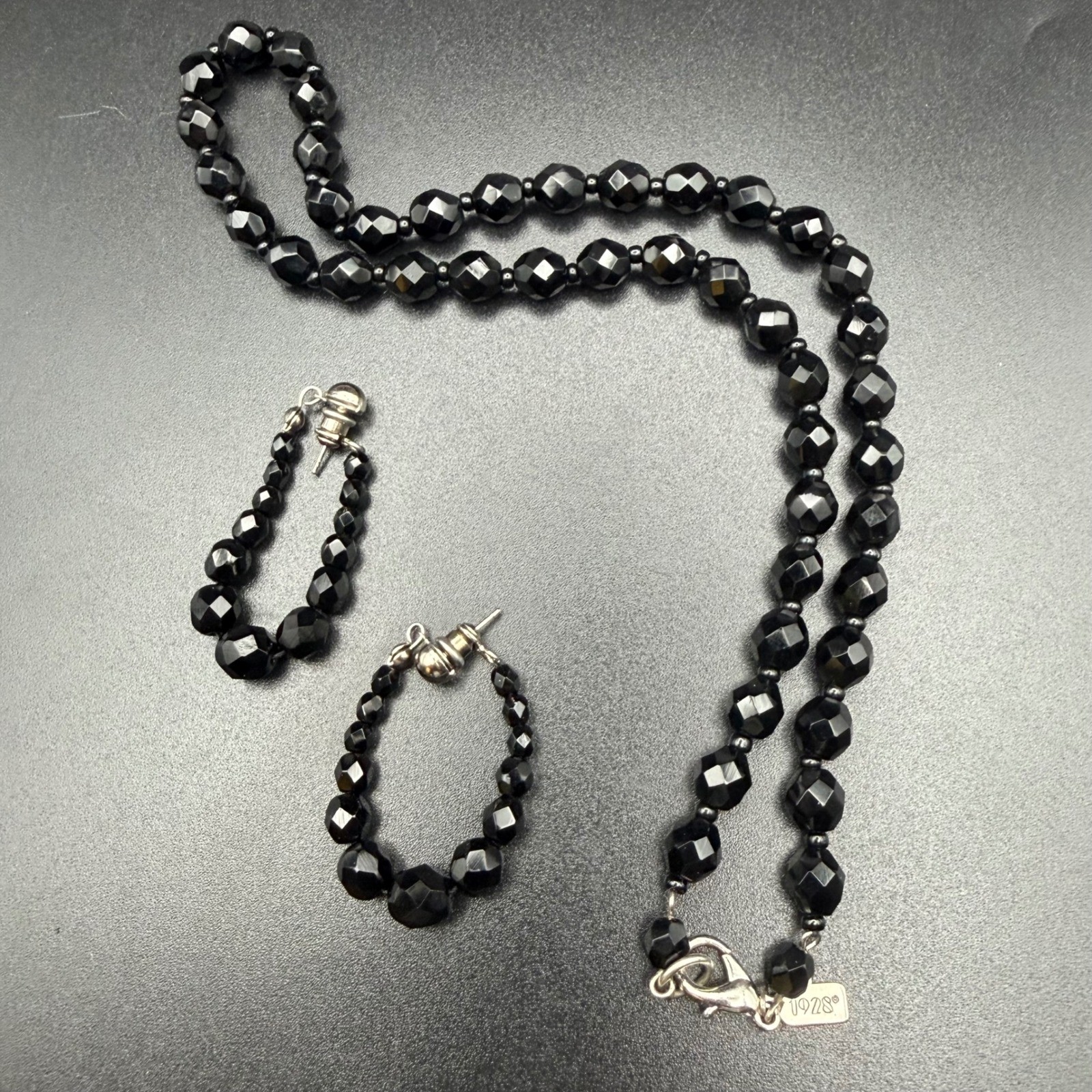 Vintage 1928 Earring & Necklace Set Black Faceted Glass Beaded Victorian Revival Vintage 1928 Earring & Necklace Set Black Faceted Glass Beaded Victorian Revival