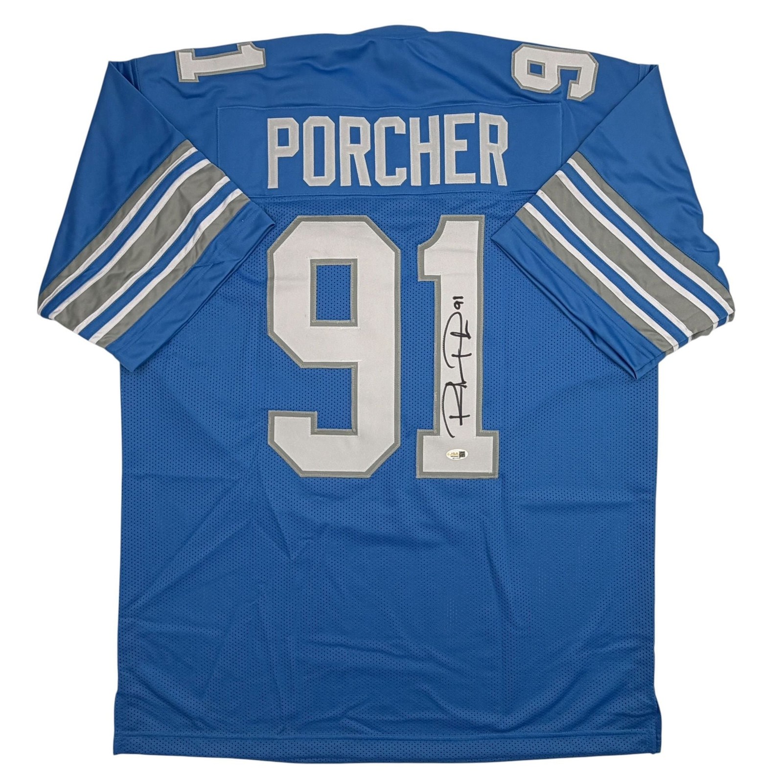 Autographed/Signed Robert Porcher Detroit Blue Football Jersey JSA COA Autographed/Signed Robert Porcher Detroit Blue Football Jersey JSA COA