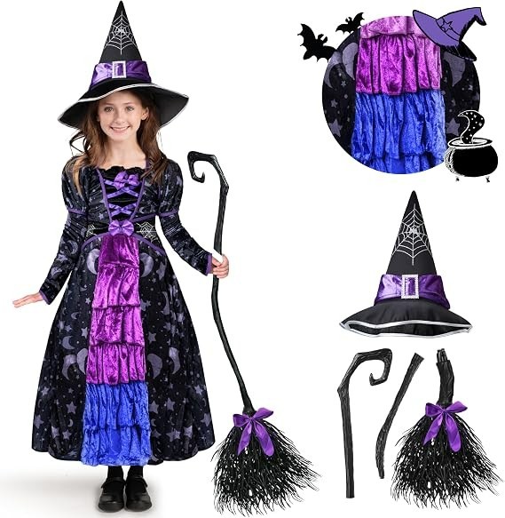 Halloween Child Girl Purple Witch Costume, Toddler Stars and Moon Witch Dress Halloween Child Girl Purple Witch Costume, Toddler Stars and Moon Witch Dress