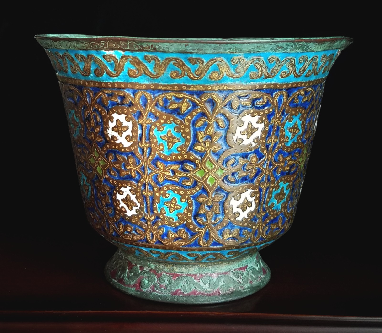 Kashmiri Indian Antique Ornate Blue & Gold Enameled & Gilded Copper Bowl 19th C