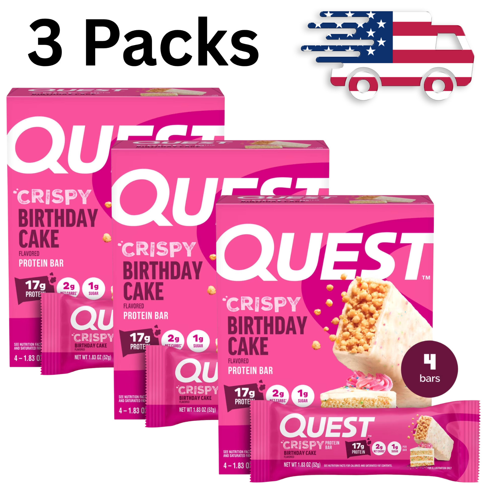Quest Crispy Hero Protein Bar, Birthday Cake Flavor, Low Sugar, 3 Packs x4 Count
