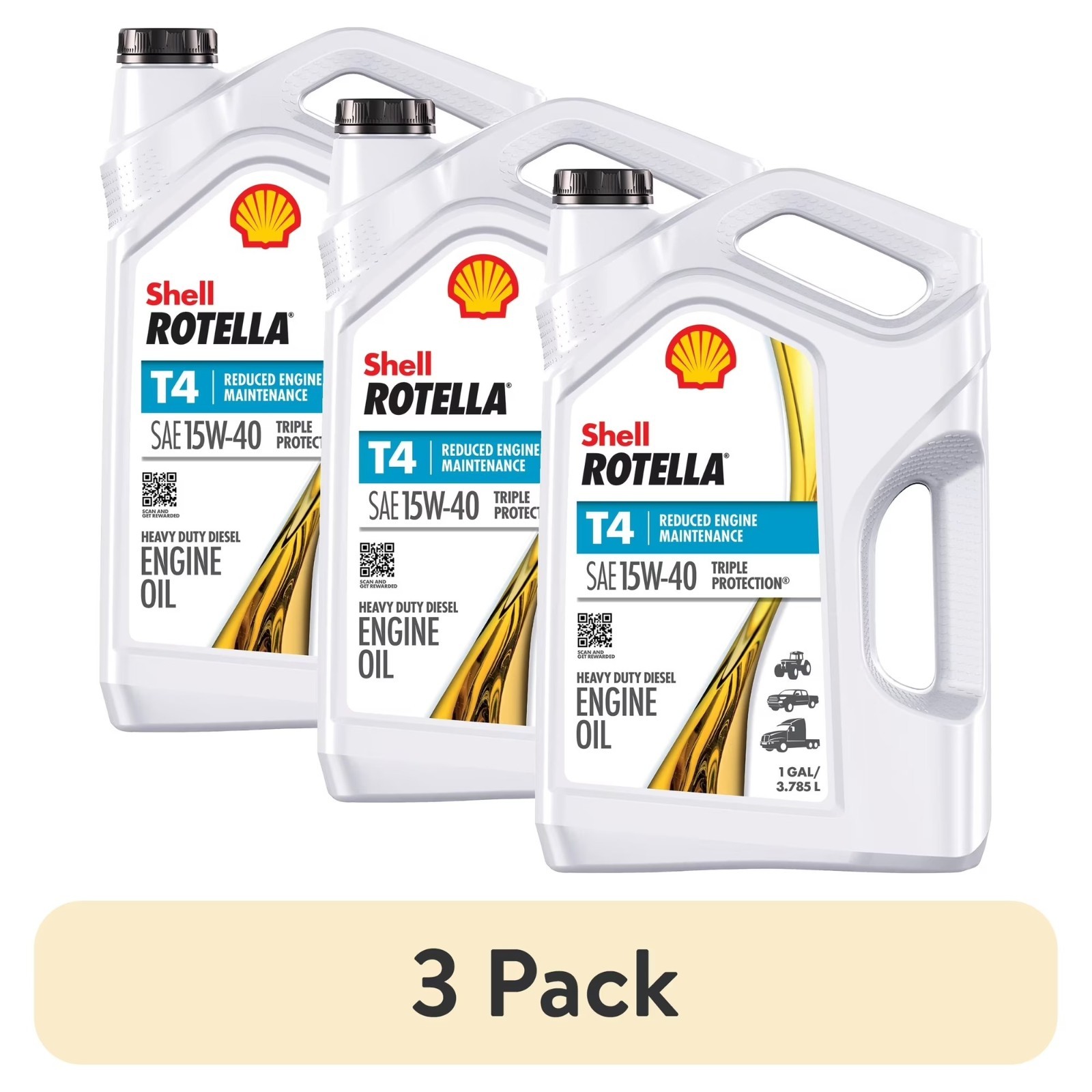 NEW3 pack) Shell Rotella T4 Triple Protection 15W-40 Diesel Engine Oil, 1 Gallon NEW3 pack) Shell Rotella T4 Triple Protection 15W-40 Diesel Engine Oil, 1 Gallon