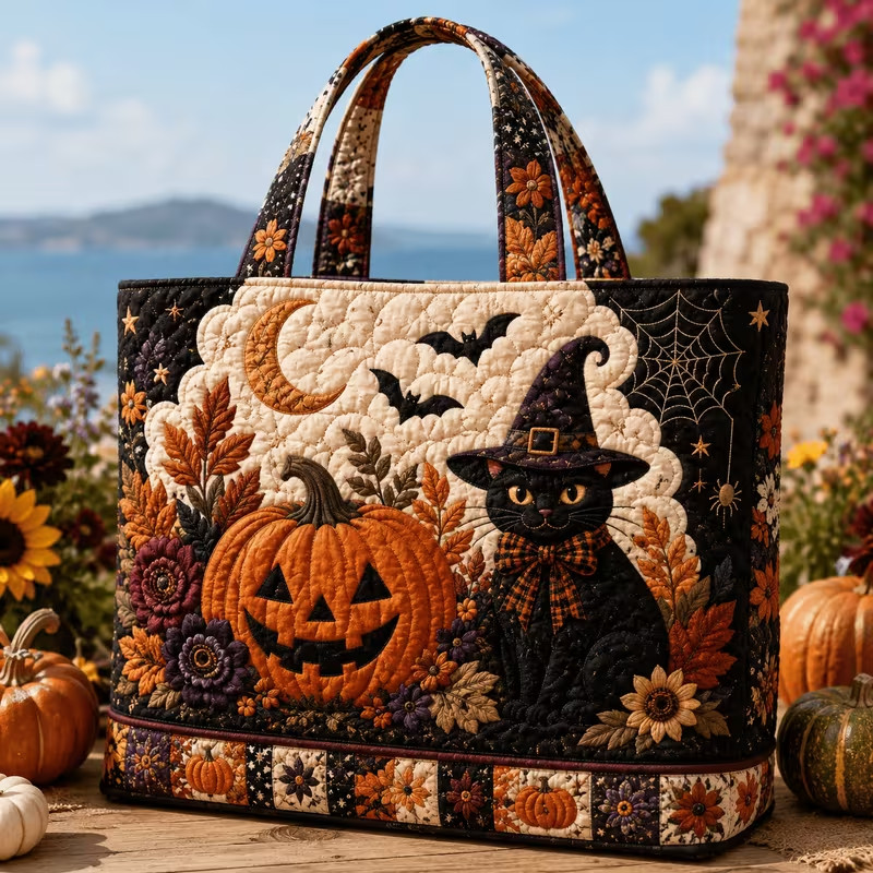 Women's Vintage Quilted Tote Bag with Black Cat Pumpkin Moon Floral Patchwork